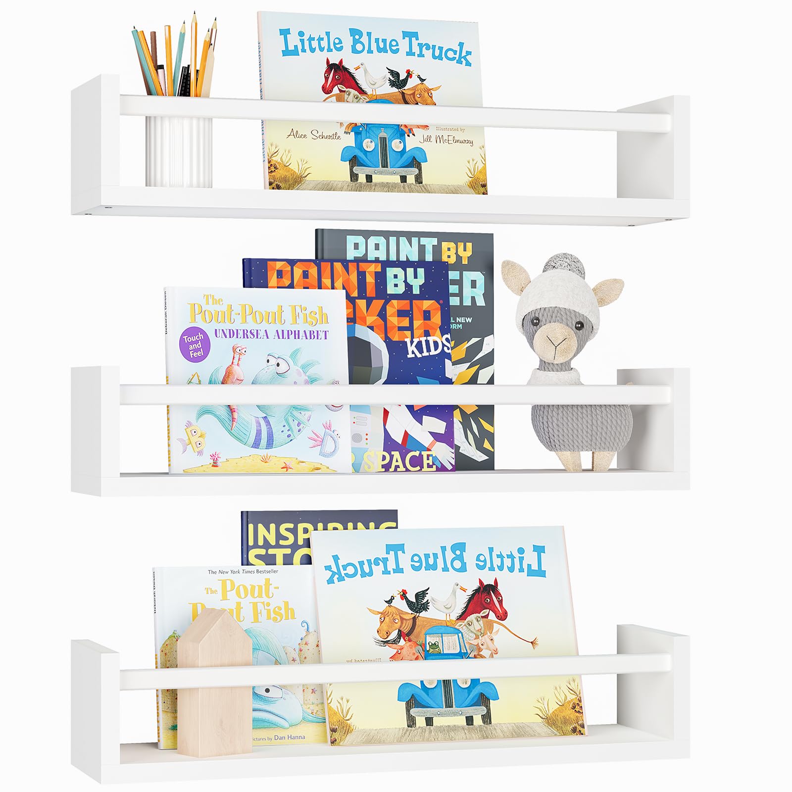Fixwal Nursery Bookshelves, 16.5 Inch Floating Bookshelves For Wall Set Of 3, Baby Kids Decor, Solid Wood Wall Mounted Shelves For Books, Toys And Decor Storage (White)