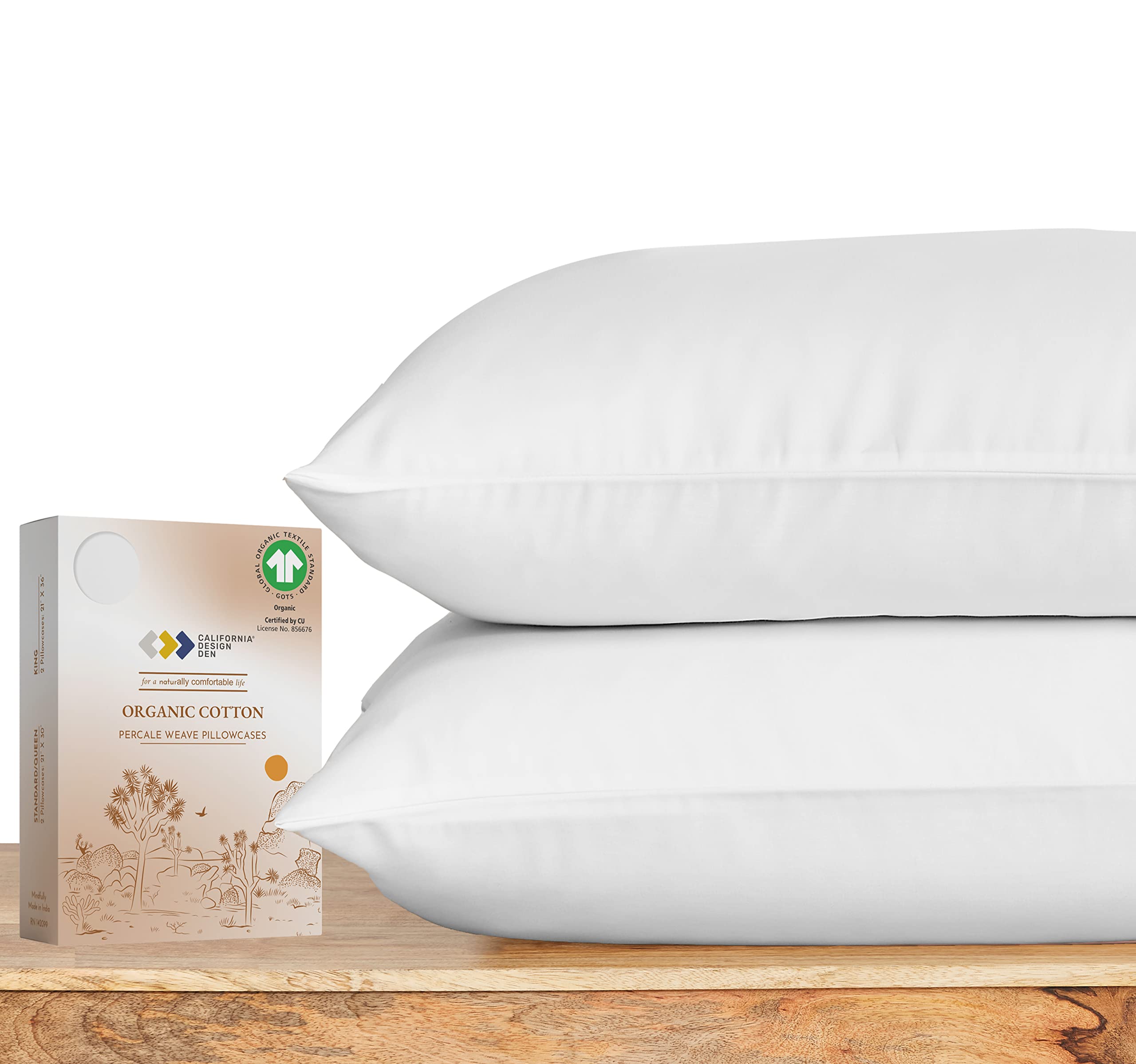 California Design Den 100% Organic Cotton Pillow Cases Standard Size/Queen Size, Set Of 2, Authentic Gots Certified, Soft & Cool