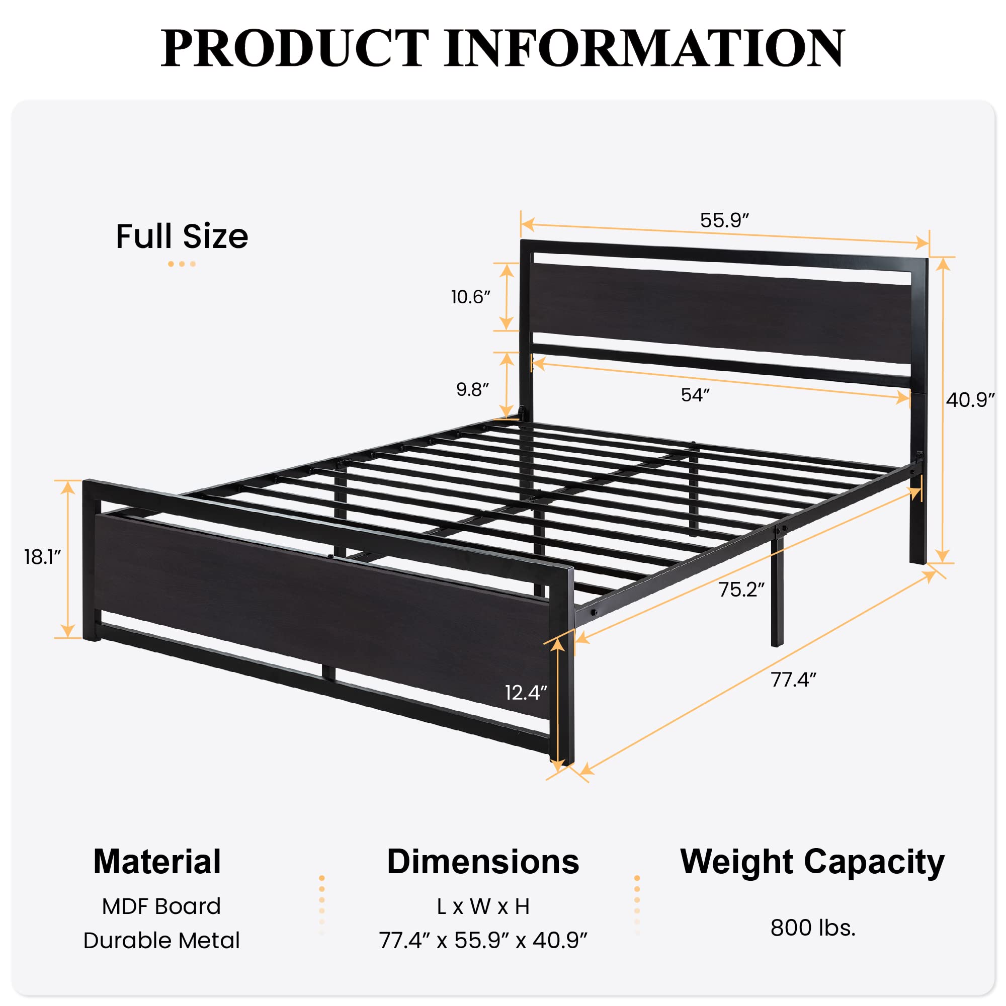 Sha Cerlin Full Size Bed Frame With Modern Wooden Headboard/Heavy Duty Platform Metal Bed Frame With Square Frame Footboard & 13 Strong Metal Slats Support/No Box Spring Needed, Black