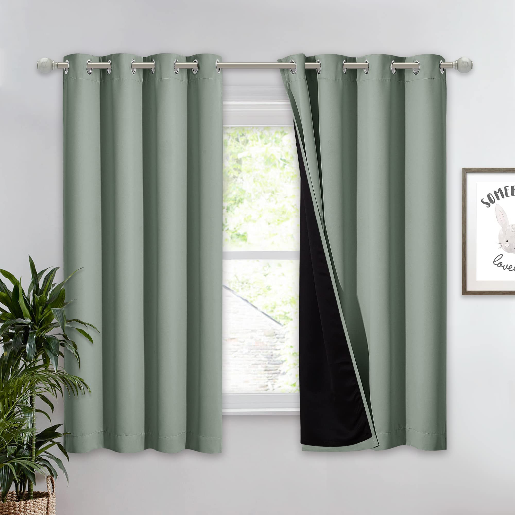 Nicetown Greyish Green 100% Blackout Lined Curtain, 2 Thick Layers Completely Blackout Window Treatment Thermal Insulated Drape