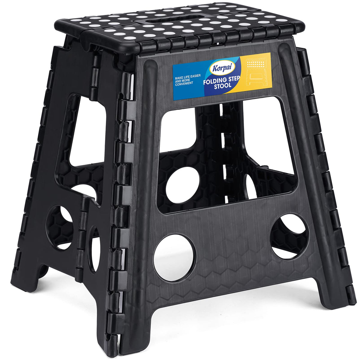 Korpai 16' Folding Step Stool For Adults And Kids Holds Up To 300 Lbs,Non-Slip Folding Stools With Portable Handle, Compact Plastic Foldable Step Stool For Bathroom,Bedroom, Kitchen, Black,1Pc