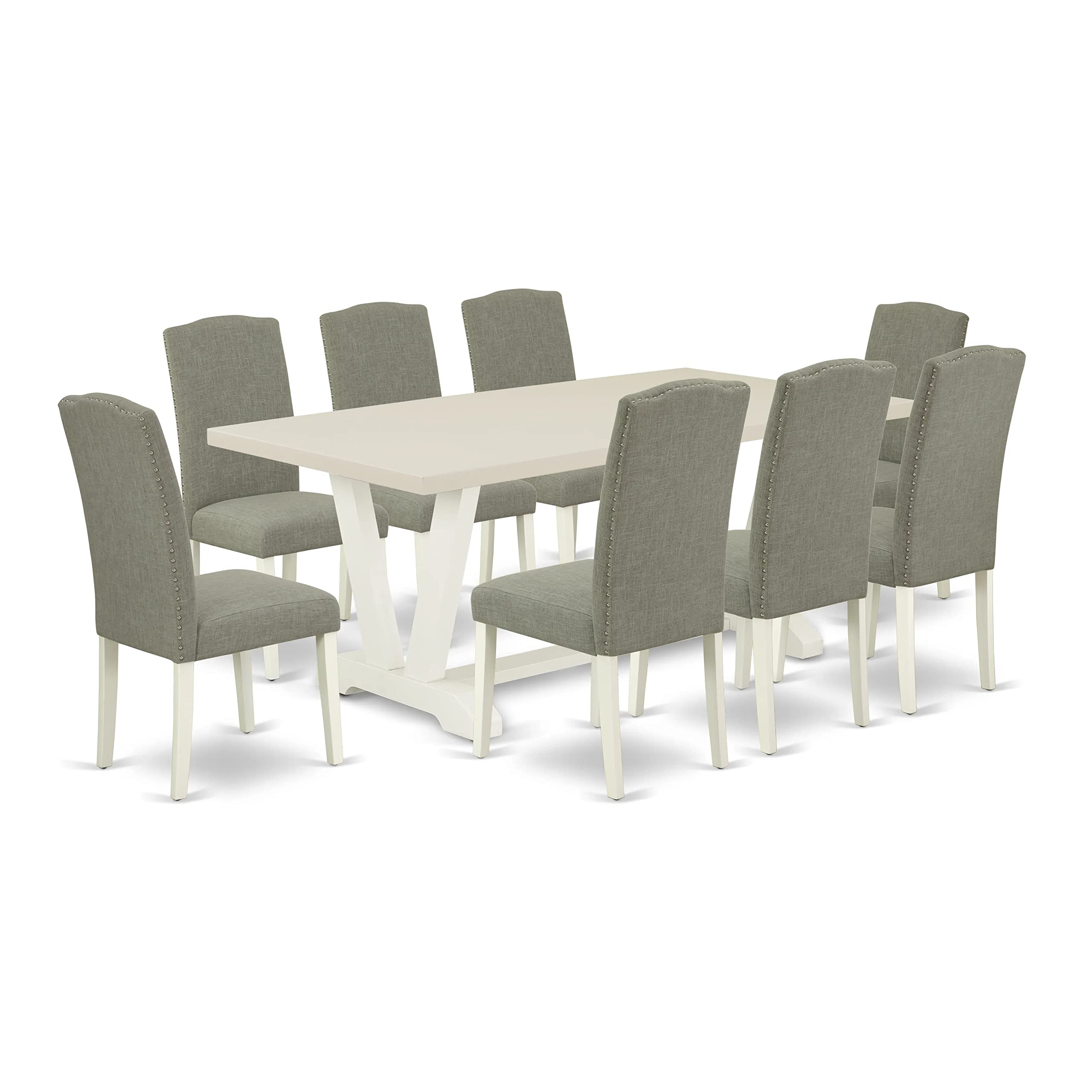 East West Furniture V-Style 9 Piece Dining Room Set Includes A Rectangle Kitchen Table With V-Legs And 8 Dark Shitake Linen Fabric Upholstered Chairs, 40X72 Inch, V027En206-9
