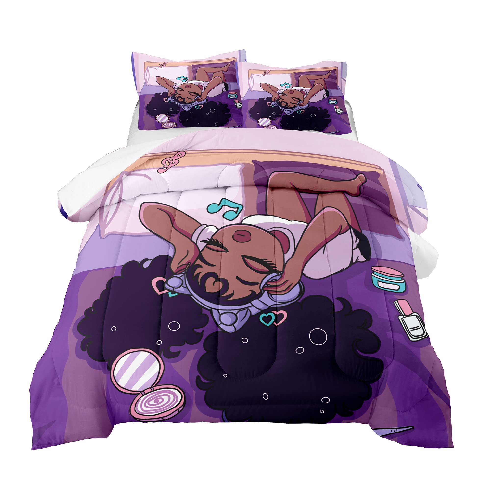 African American Girls Comforter Sets, Pretty Black Girls Love Music Purple Duvet, Fluffy Afro Gilrs Comforter Bedding Set, Quee