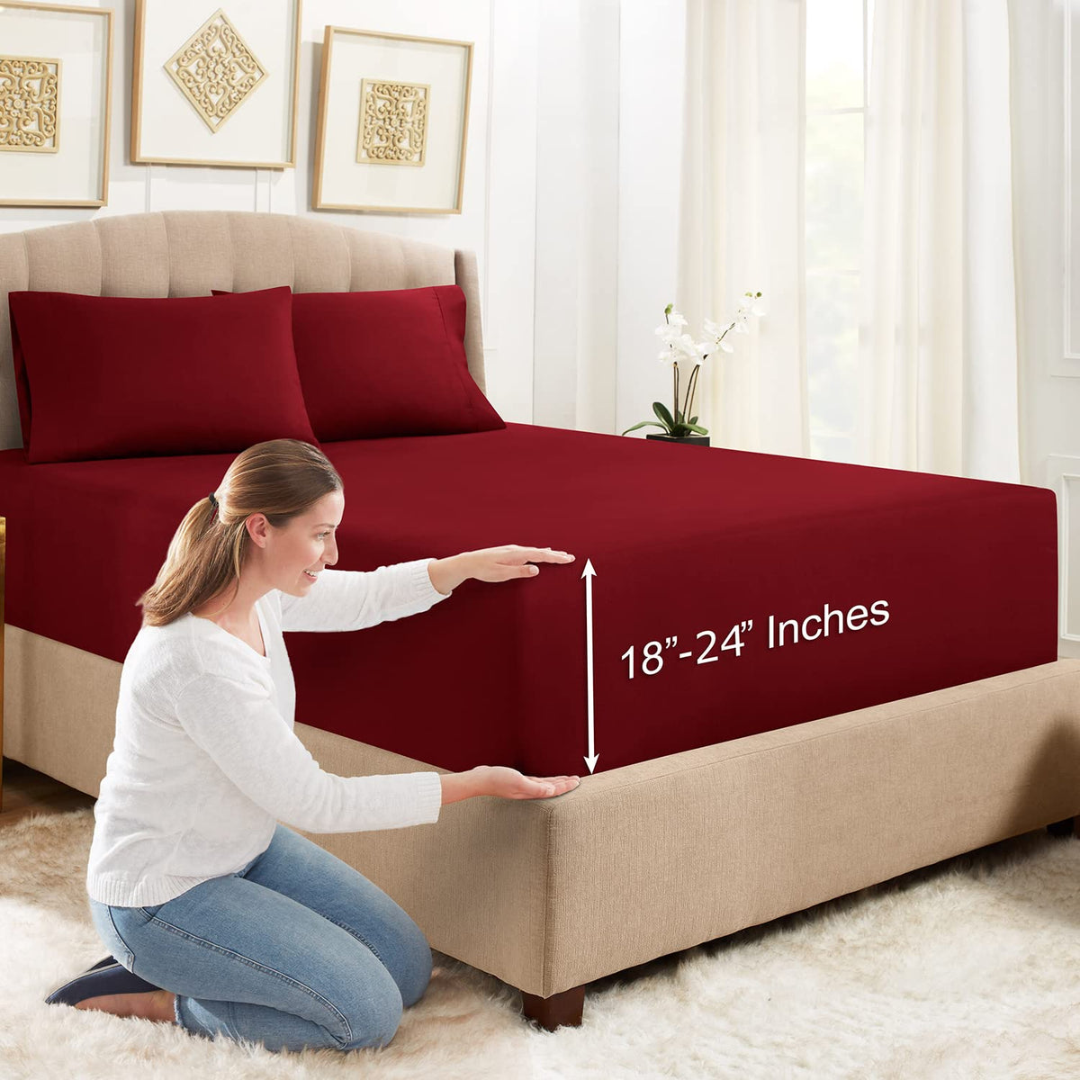Empyrean Bedding Extra Deep Fitted Sheet Set, 3Piece, King, Microfiber, Burgundy Red