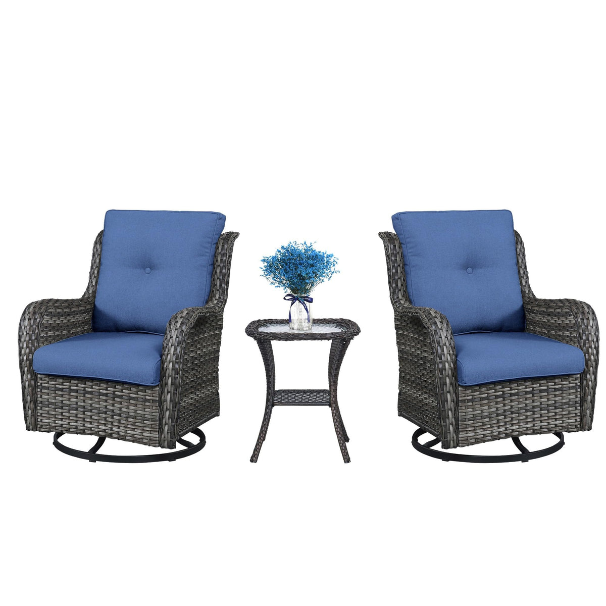 Belord Patio Swivel Rocking Chairs - Outdoor Wicker Glider Swivel Rcoker, 3 Pieces Patio Wicker Furniture Sets For Porch Includes 2 Swivel Rocking Chair And 1 Side Table