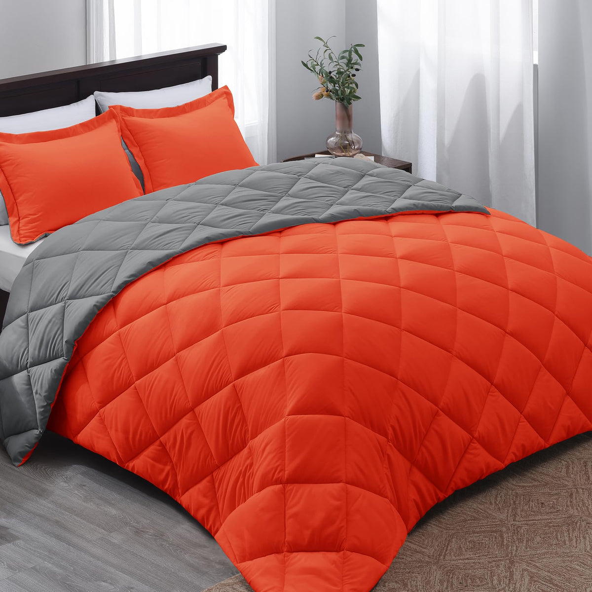Basic Beyond Twin Comforter Set - Orange Comforter Set Twin, Reversible Twin Bed Comforter Set For All Seasons, Flame/Charcoal G