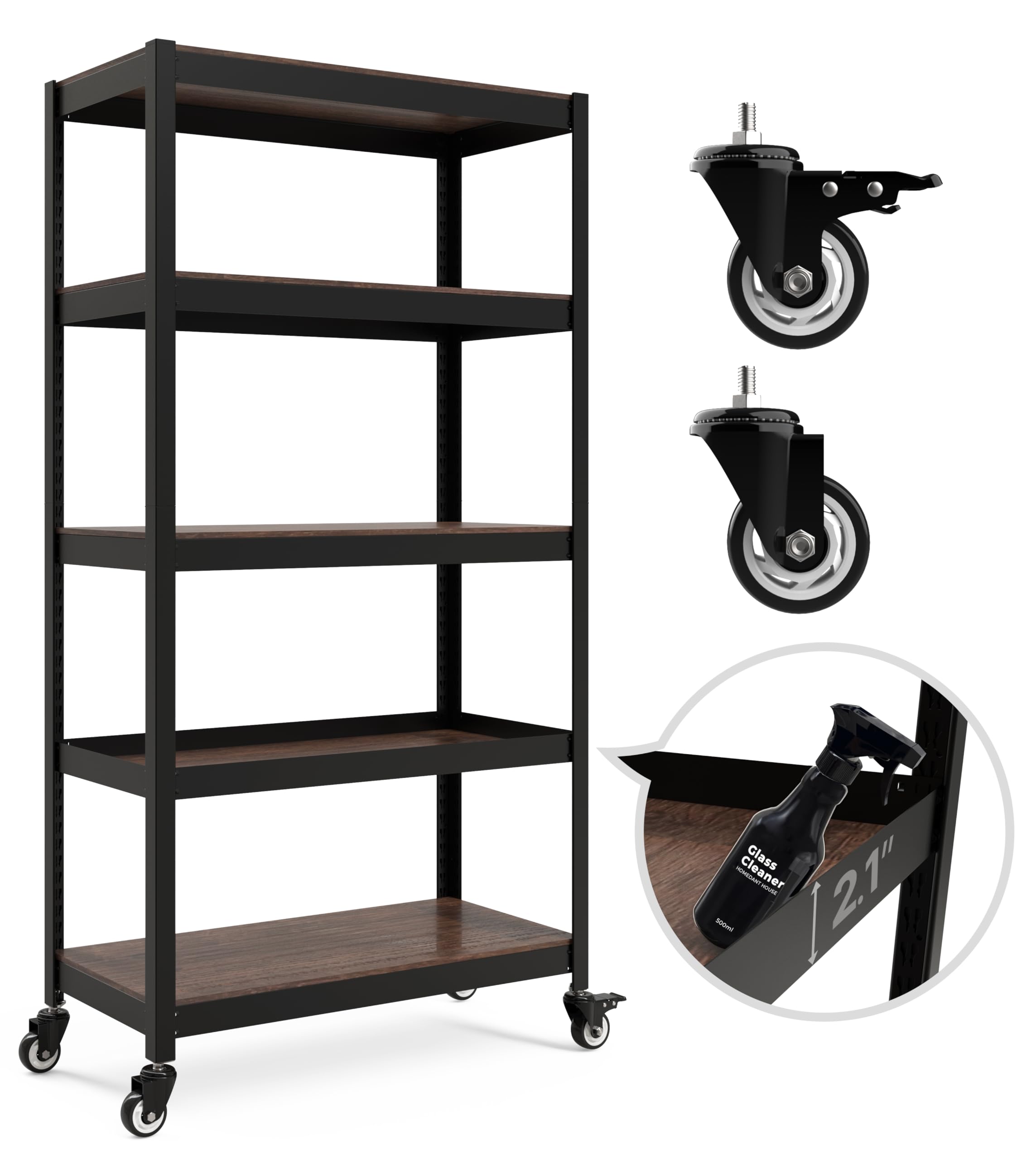 Homedant House 5-Tier Metal Boltless Rolling Cart Shelf Rack Casters Heavy Duty Laminated Wheel Shelving Unit Adjustable Storage