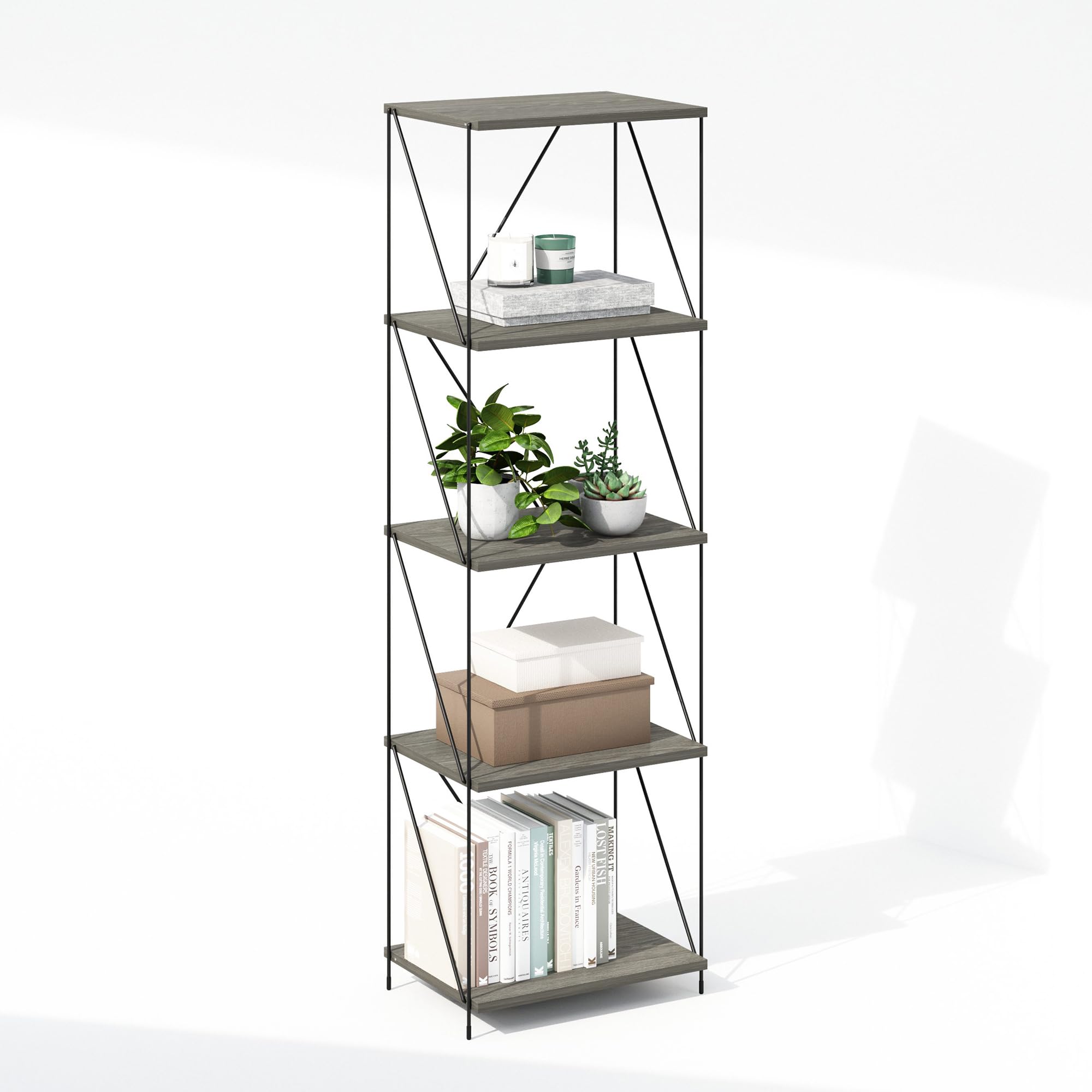 Furinno Wire 5-Tier Industrial Style Metal Frame Bookcase, Display Shelf, 16 Wide, Finn Oak
