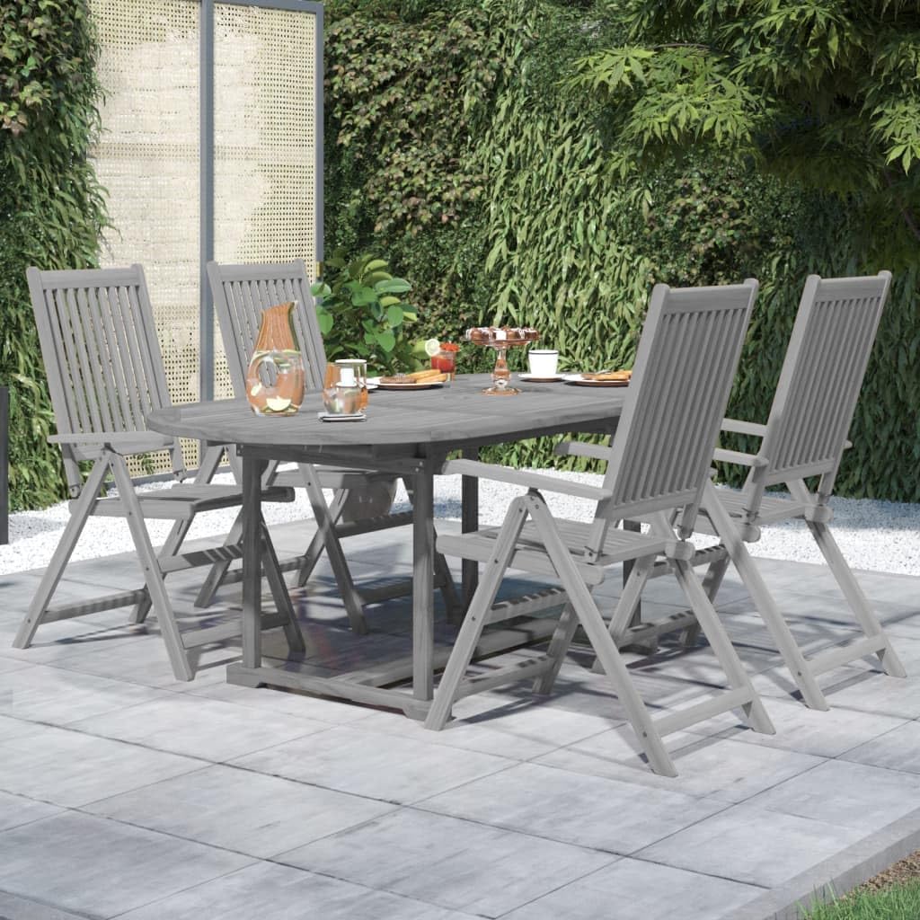 vidaXL Outdoor Patio Dining Set - Solid Acacia Wood, Extendable Table and Folding Chairs, Gray Wash Finish, Weather-Resistant