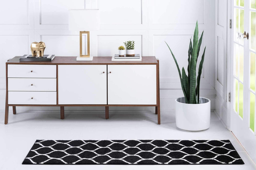 Unique Loom Trellis Frieze Collection Area Rug - Rounded (2' X 13' 1'' Runner, Black/ Ivory)