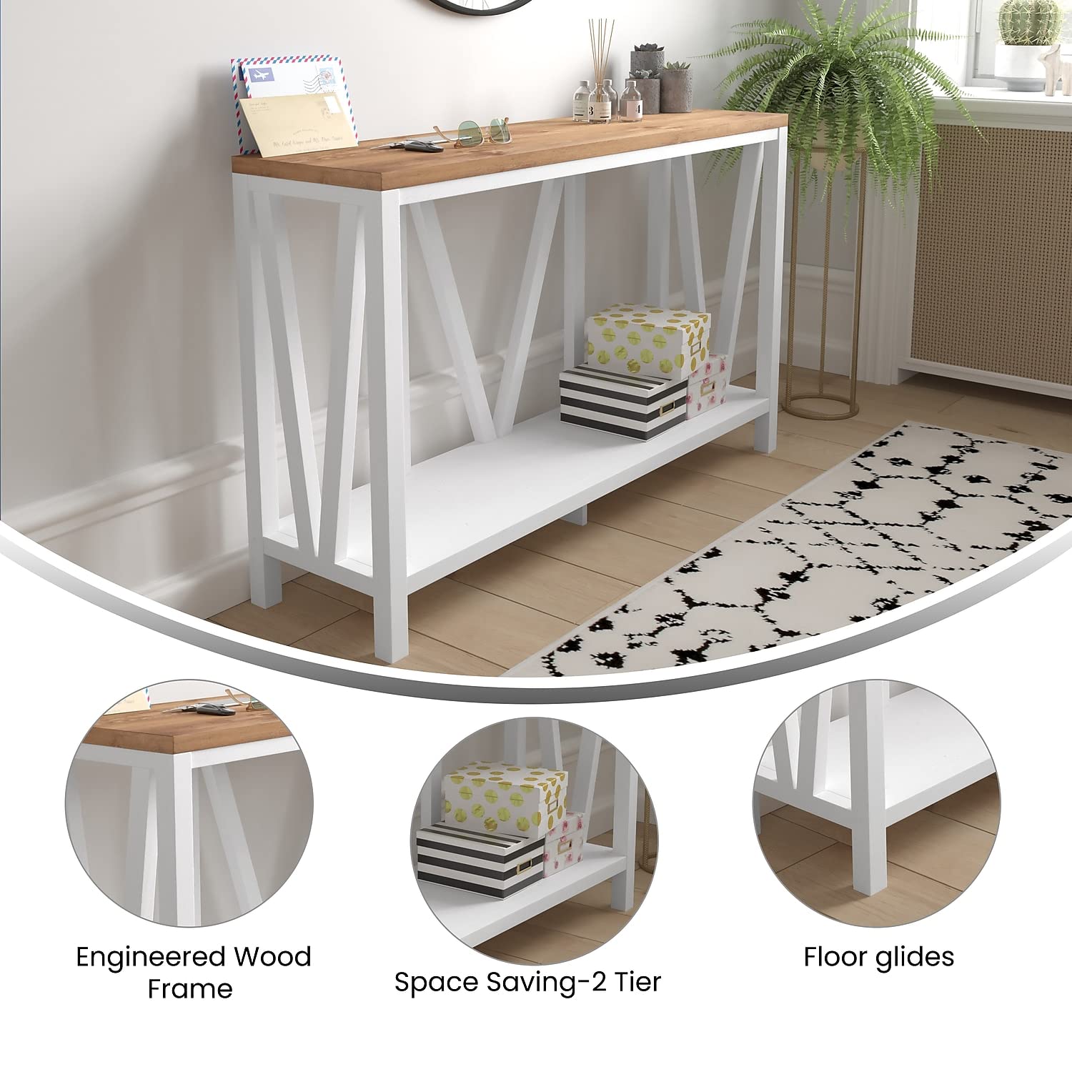 Flash Furniture Charlotte Farmhouse 2-Tier Console Table - Brushed Wash Finish Engineered Wood Frame - Warm Oak Finish Tabletop - For Entryway or Living Room