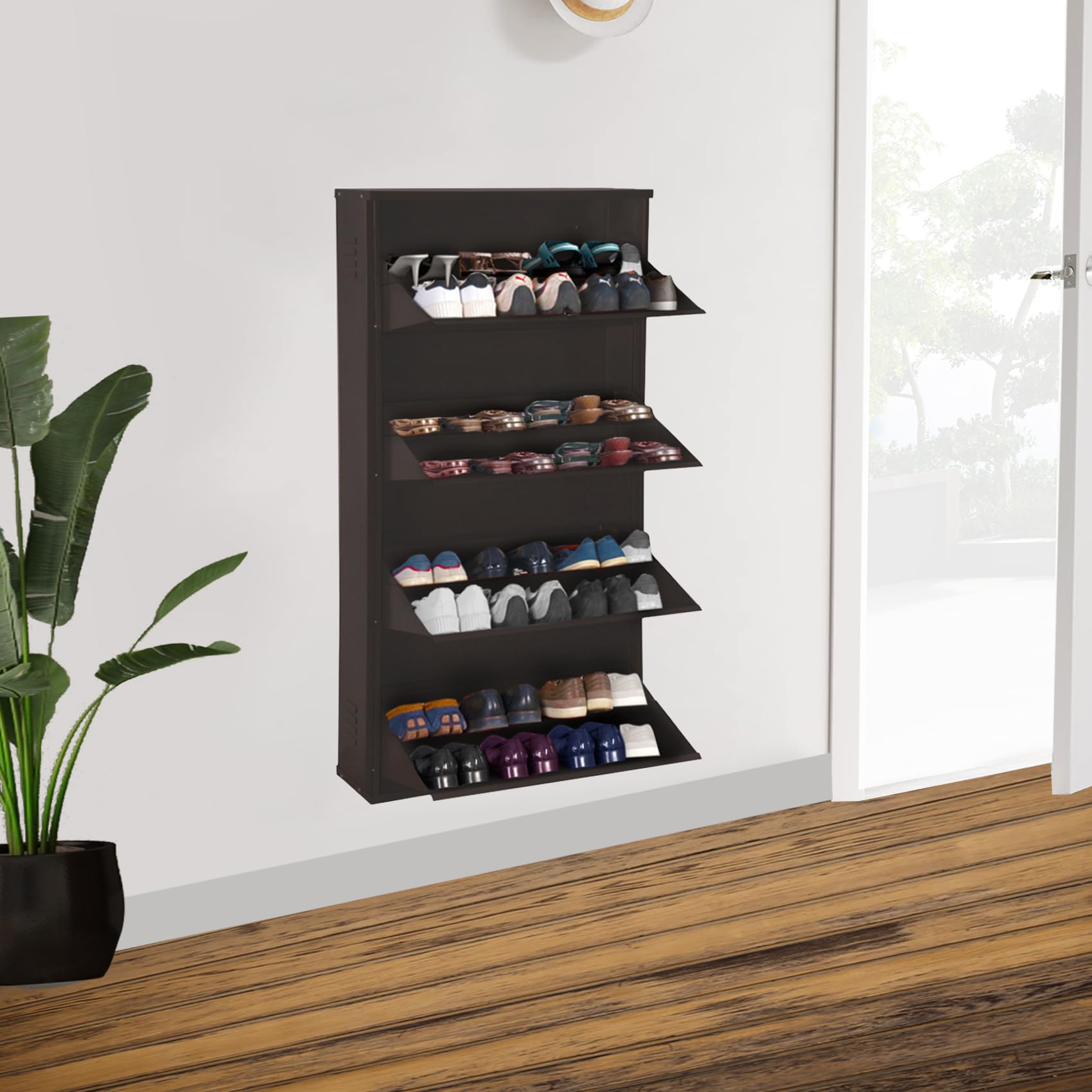 Delite Kom 29 Wide, 8 Shelf Metal Shoe Rack Wall Mounted For Home With Central Lock Holds Upto 28 Shoes Or 48 Slippers Pair Dou