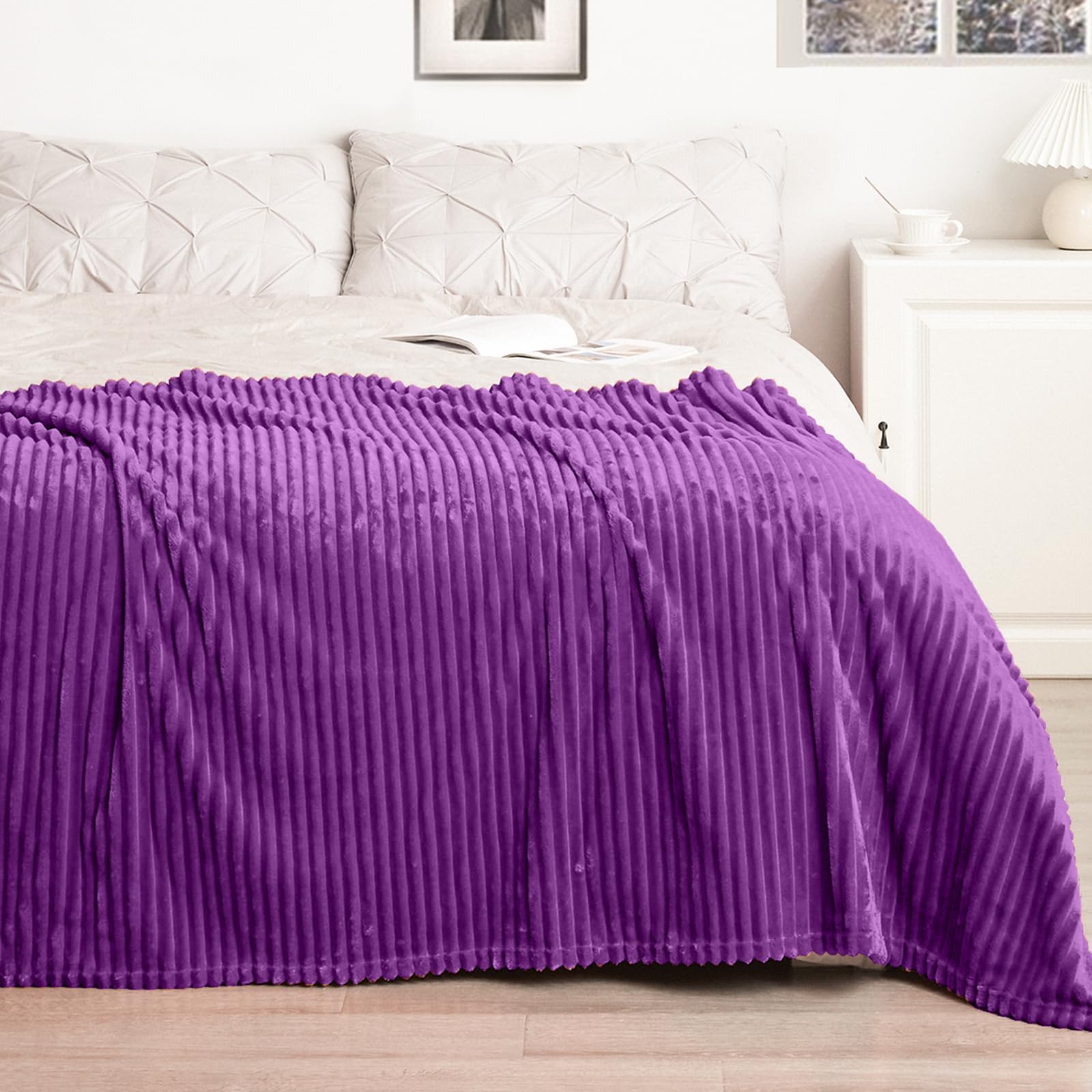Vessia Flannel Fleece Twin Blanket For Couch,Sofa,Bed, 300Gsm Striped 60X80Inch Purple Blanket For Adults And Kids, Super Soft W