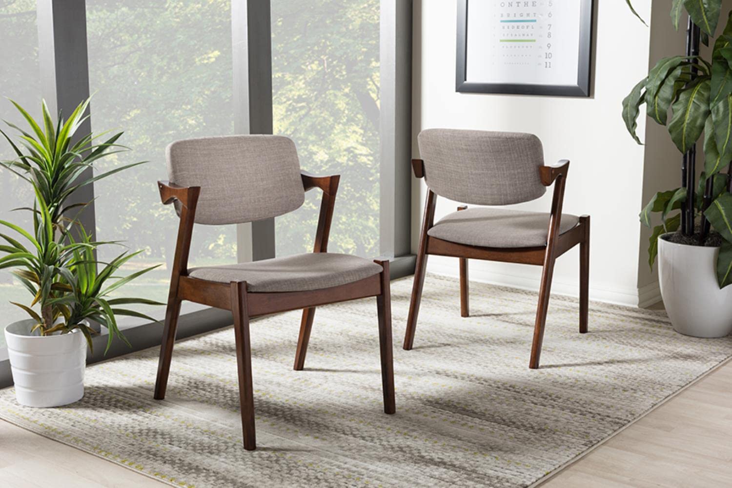 Baxton Studio Elegant Mid-Century Dark Walnut Wood Grey Fabric Upholstered Dining Armchair