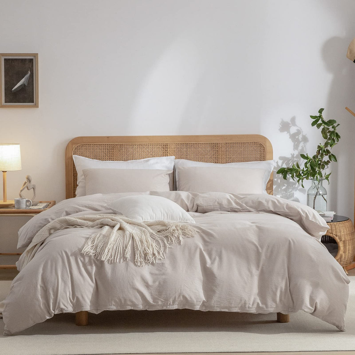 Erzrga Beige Duvet Cover Queen, 100% Washed Cotton Linen Like Textured Beige Bedding Set Queen, 1 Duvet Cover With 2 Pillowcases