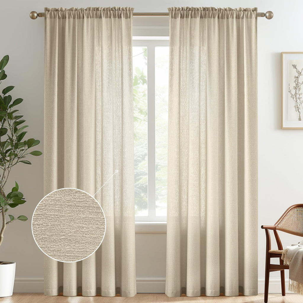Melodieux Tan Semi Sheer Curtains 84 Inches Long for Living Room, Bedroom Linen Look Rod Pocket Window Privacy Sheer Drapes, 52'