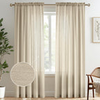 Melodieux Tan Semi Sheer Curtains 84 Inches Long for Living Room, Bedroom Linen Look Rod Pocket Window Privacy Sheer Drapes, 52'