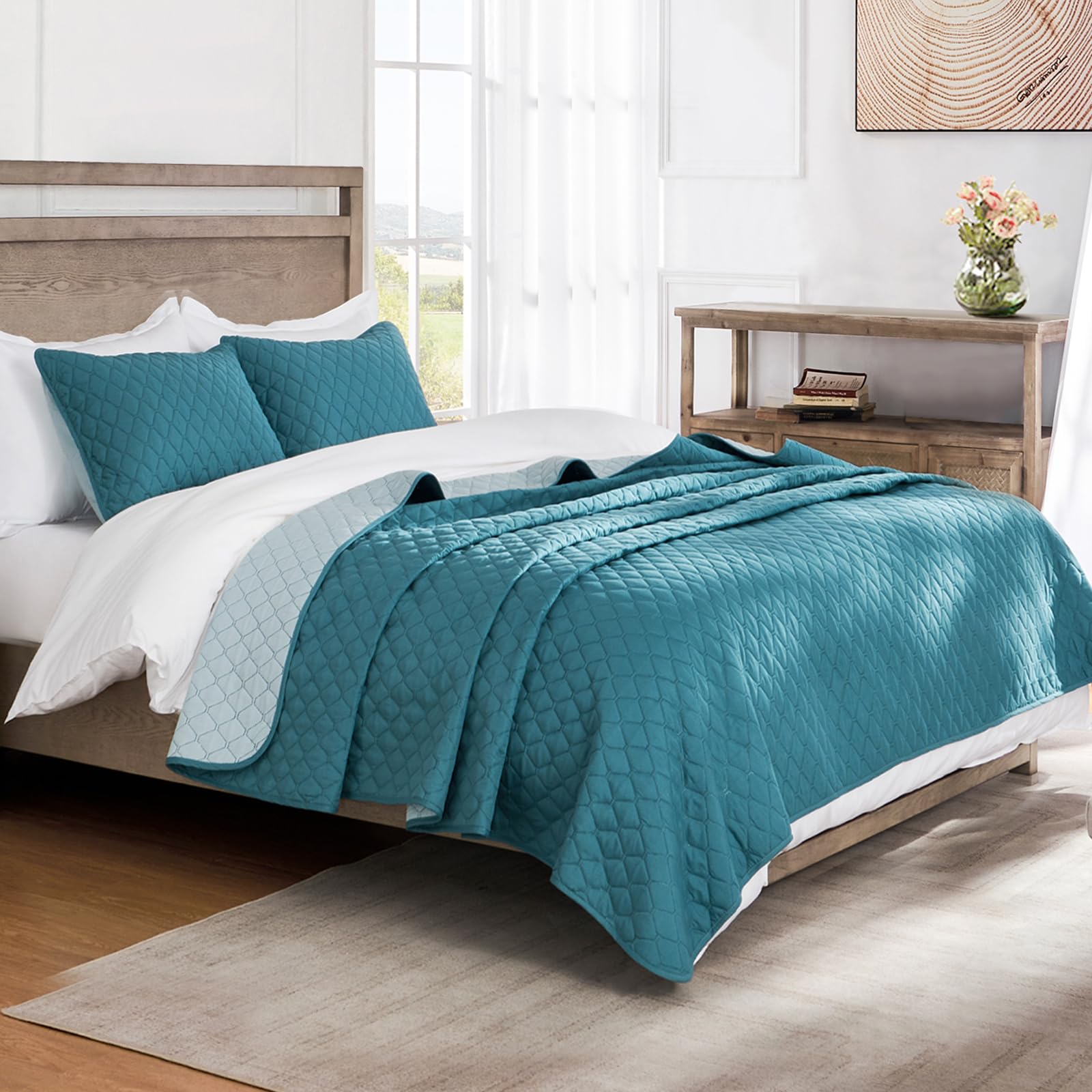 Exclusivo Mezcla Ultrasonic Reversible Full Queen Quilt Bedding Set With Pillow Shams, Lightweight Quilts Queen Size, Soft Bedsp