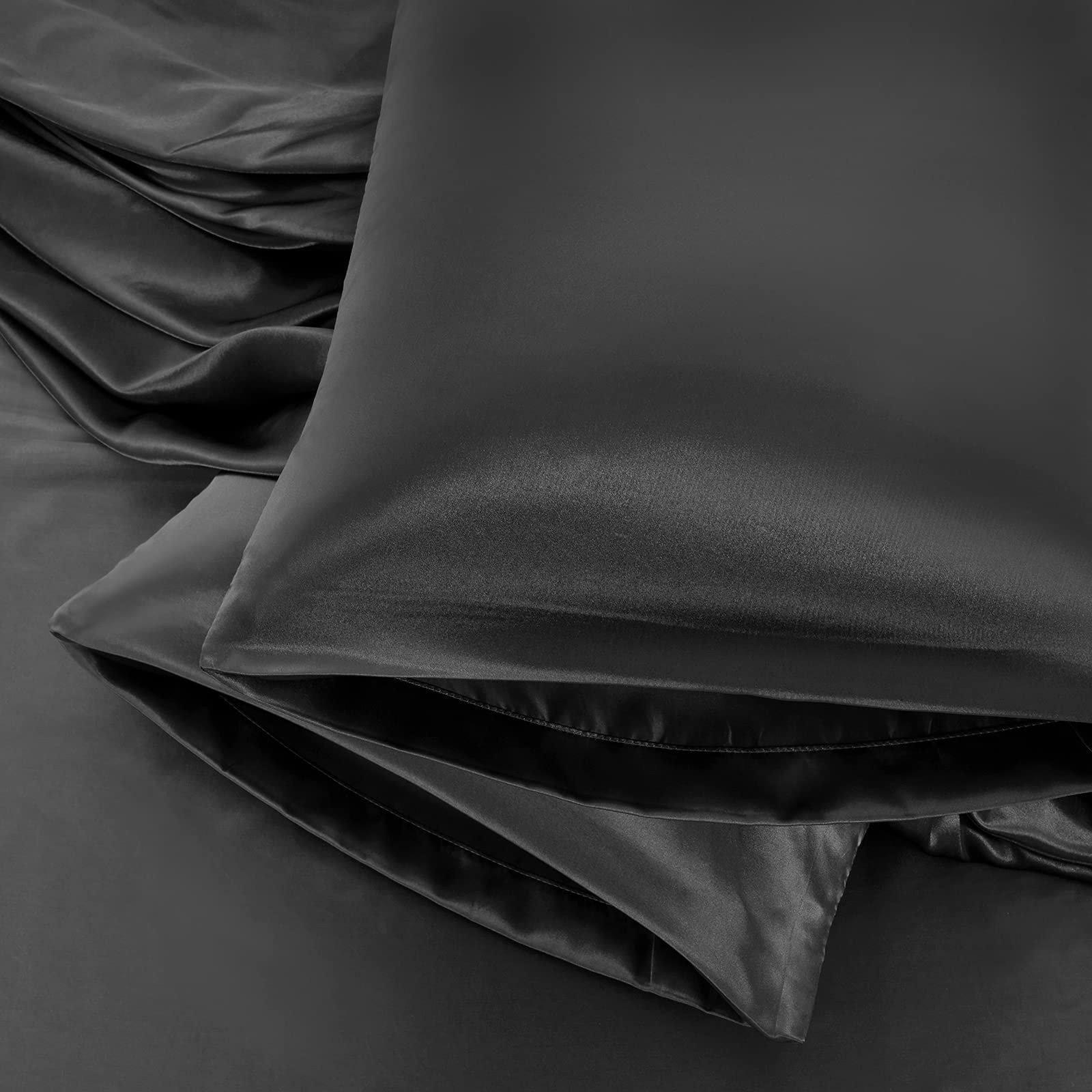 Aormenzy Satin Pillow Cases For Women Queen Size Set Of 2, Black Satin Pillowcase For Hair With Envelope Closure Silky Pillow Co