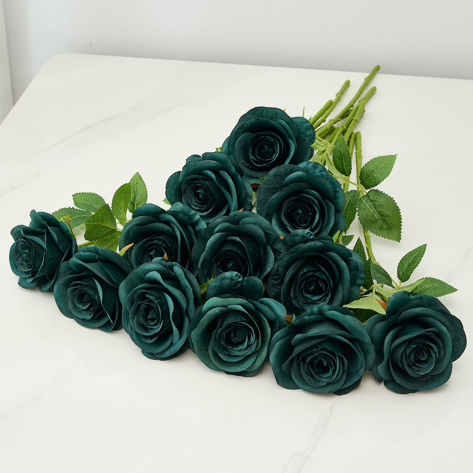Helera 12Pc Peacock Green Roses Artificial Flowers Fake Roses Silk Flowers Roses With Long Stems For Wedding Home Party Centerpi