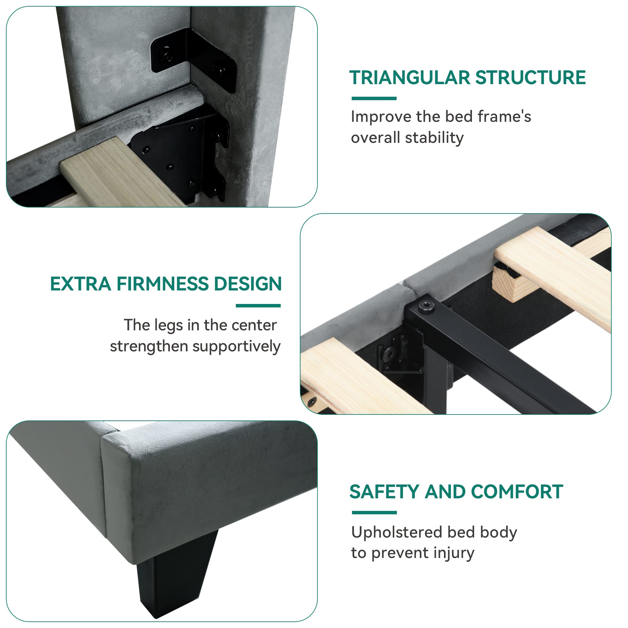 Yitahome Upholstered Bed Frame, Platform Bed Base With Grey Velvet Square Tufted Headboard, Strong Wood Slats Support Queen Size Mattress Foundation, No Box Spring Needed, Grey