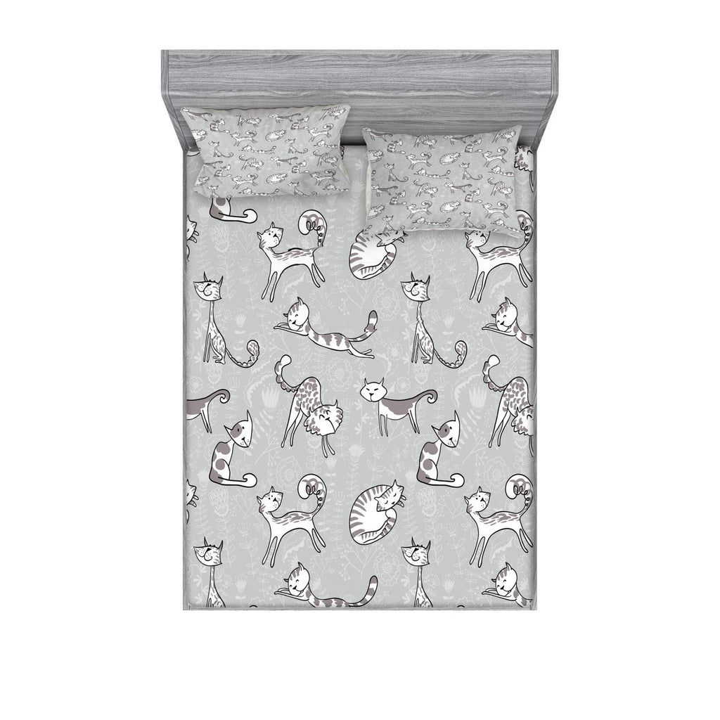 Ambesonne Grey Fitted Sheet & Pillow Sham Set, Cats Posing Over Floral Background Feline Kitten Kitty Cartoon Art Prints, Decora