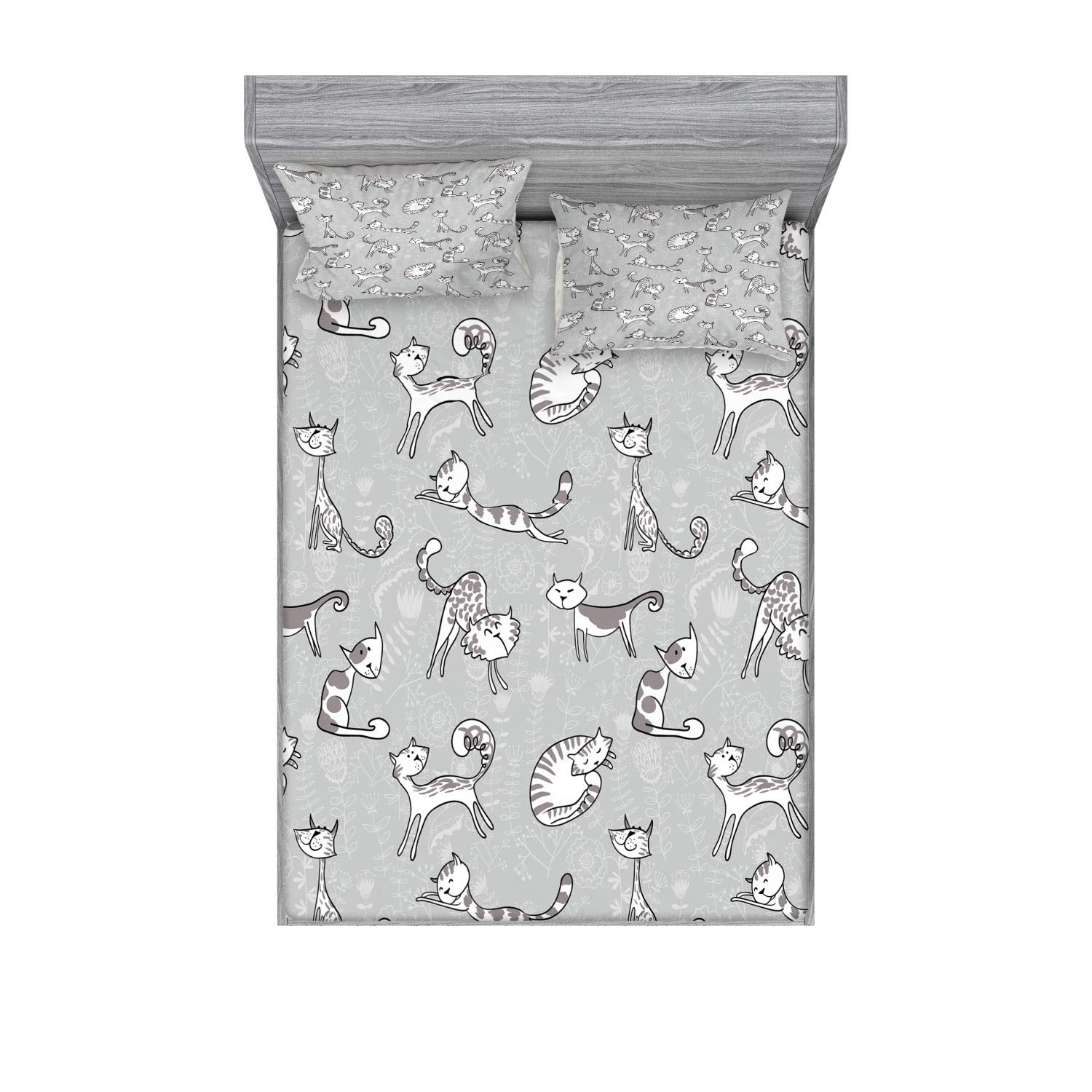 Ambesonne Grey Fitted Sheet & Pillow Sham Set, Cats Posing Over Floral Background Feline Kitten Kitty Cartoon Art Prints, Decora