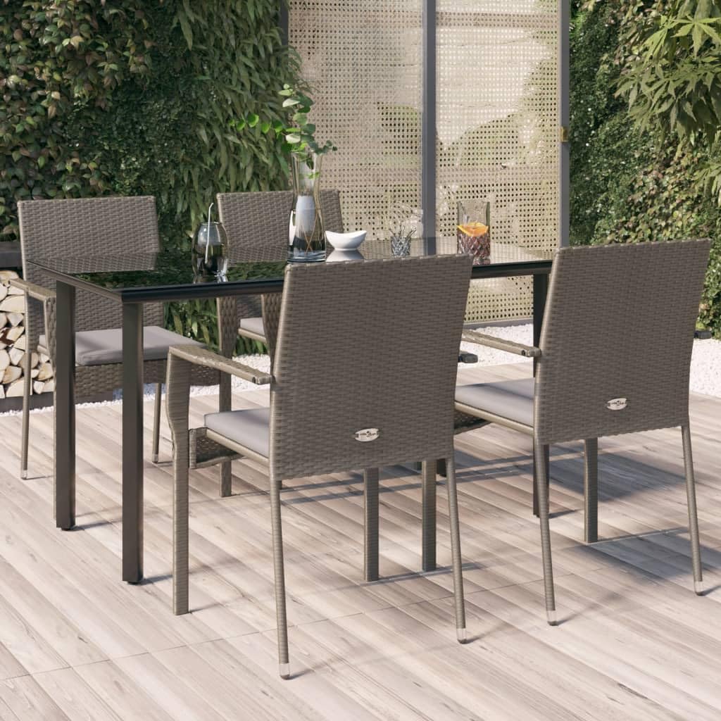 vidaXL 5-Piece Outdoor Patio Dining Set Made of Black and Gray Poly Rattan - Includes Garden Chairs with Cushions and Glass-top Table, Onesize