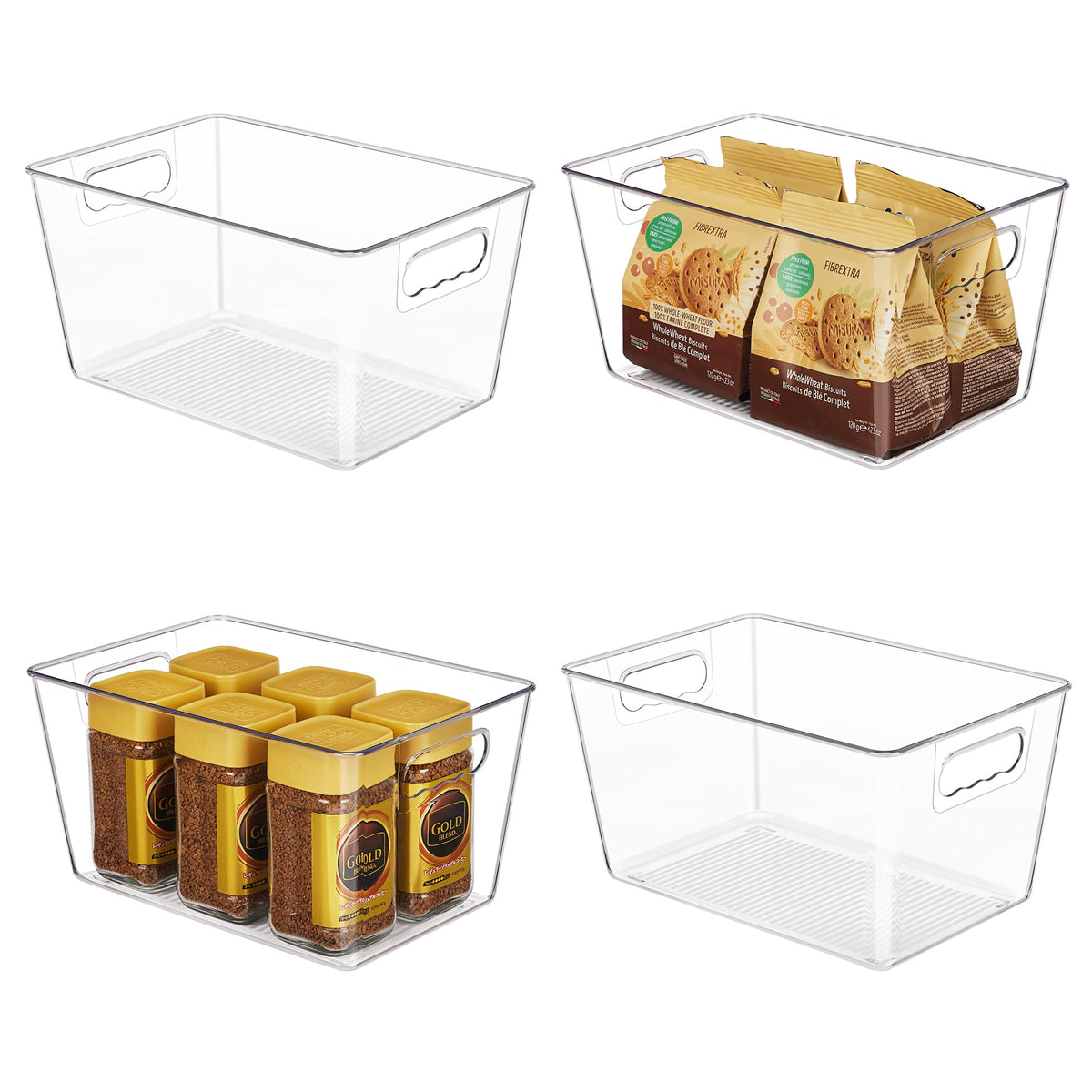 YIHONG Clear Plastic Storage Bins, 4 Pack Pantry Organizer Bins with Handle for Kitchen, Freezer,Cabinet,Closet Organization and