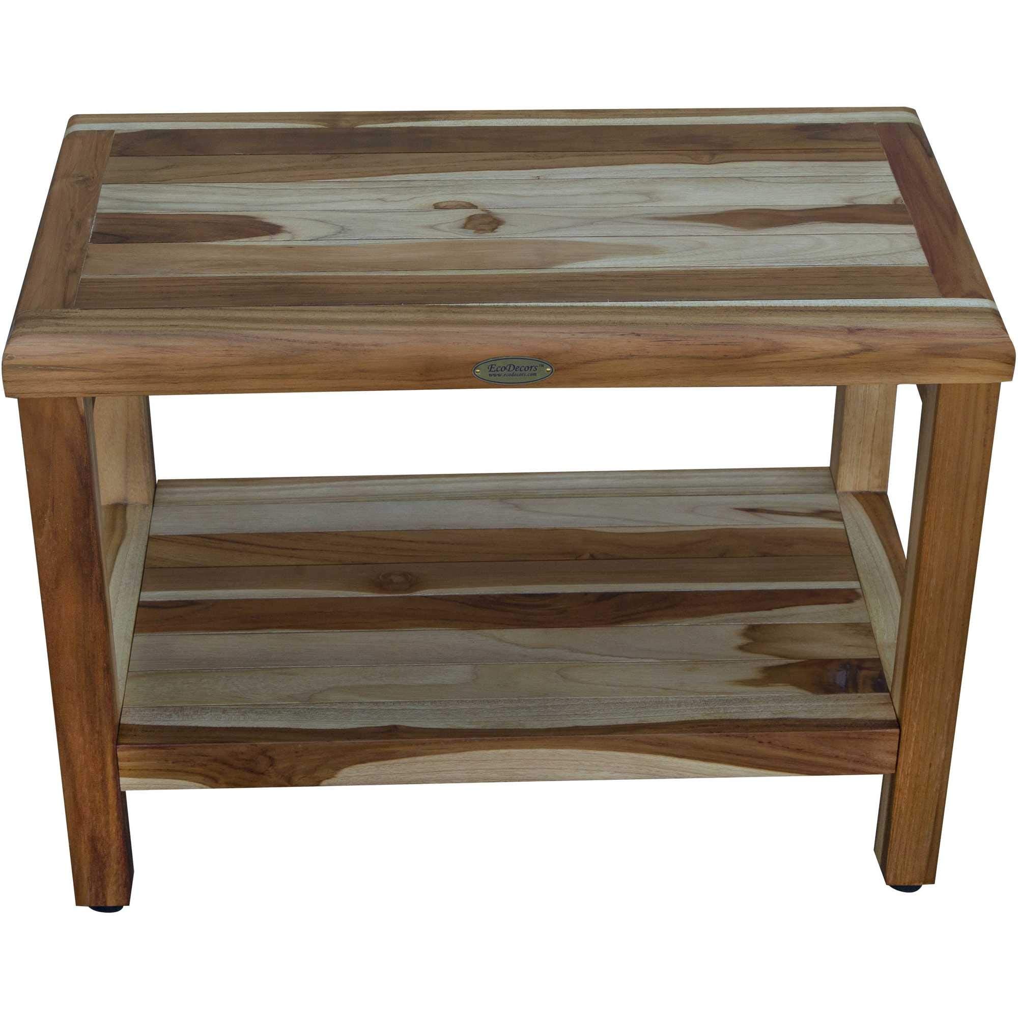 HomeRoots 24' Teak Rectangular Shower Outdoor Bench with Shelf in Natural Finish