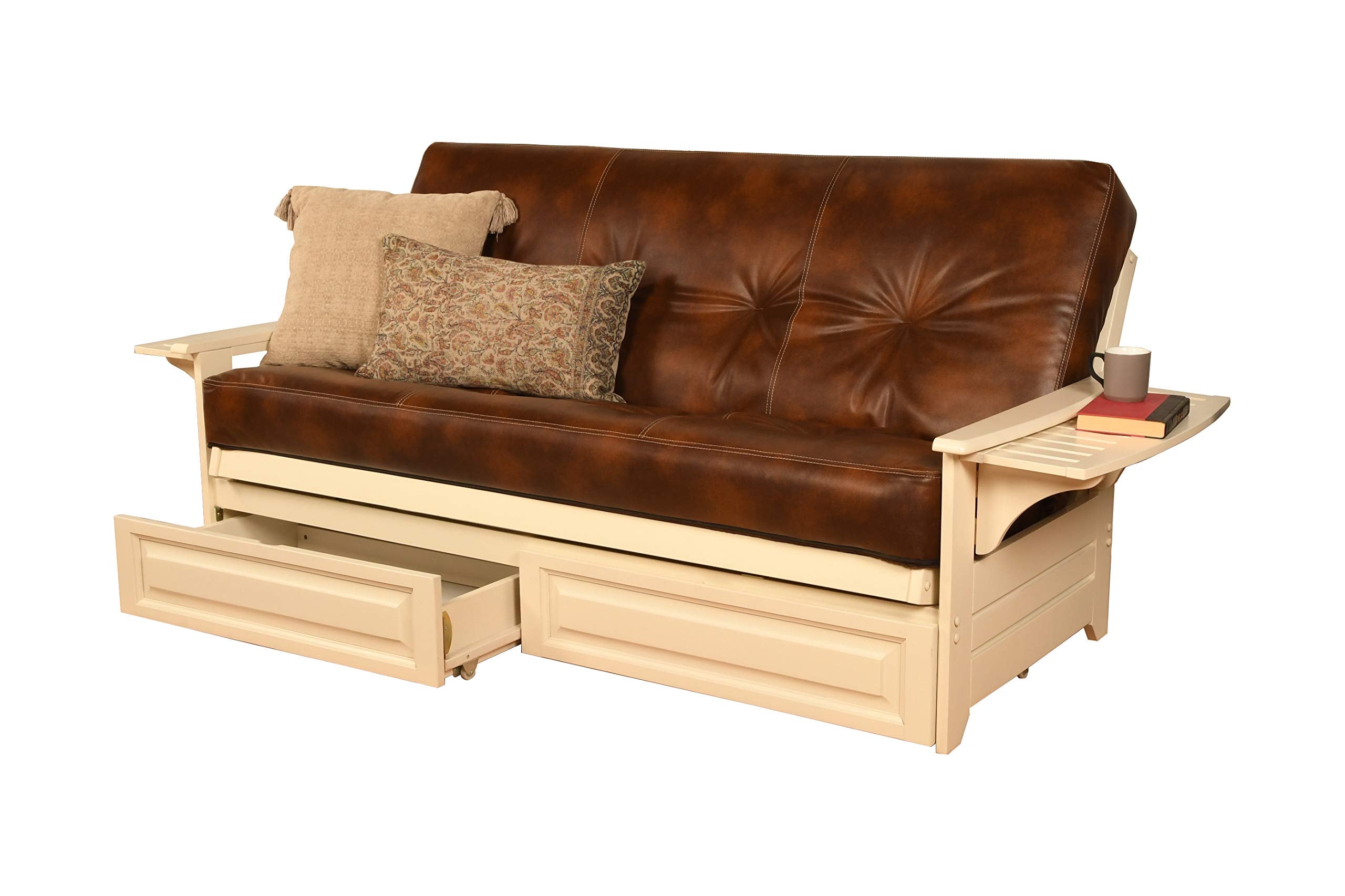 Kodiak Furniture Phoenix Antique White Storage Futon With Saddle Brown Mattress