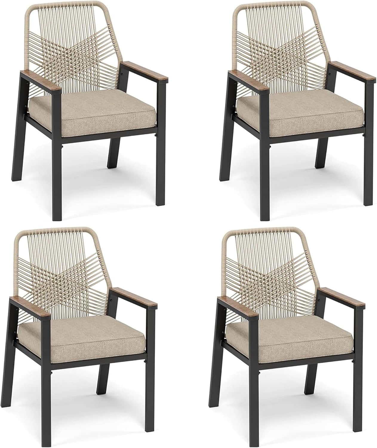 Sunshine Valley Patio Dining Chairs Set Of 4, All-Weather Woven Rattan Outdoor Chairs With Waterproof Cushion And Wrought Iron F