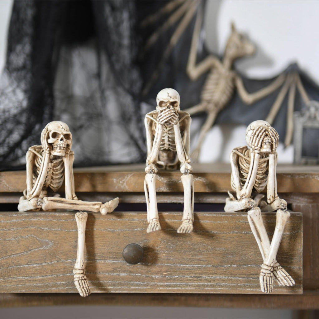 Newman House Studio Halloween Statues No-Evil Skeleton Collectible-Figurines - Realistic Skull Decorations See Speak Hear No Evi