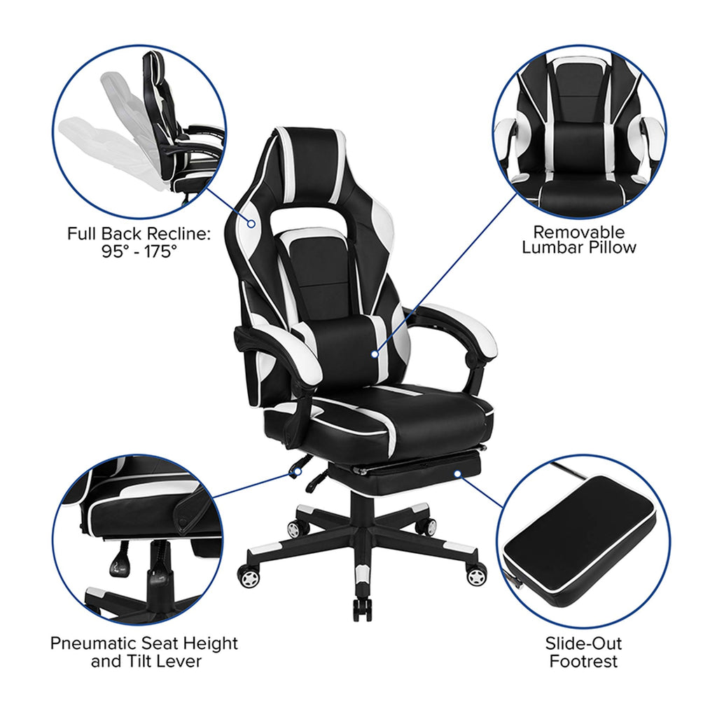 Flash Furniture X40 Gaming Chair Racing Ergonomic Computer Chair With Fully Reclining Back/Arms, Slide-Out Footrest, Massaging Lumbar - White