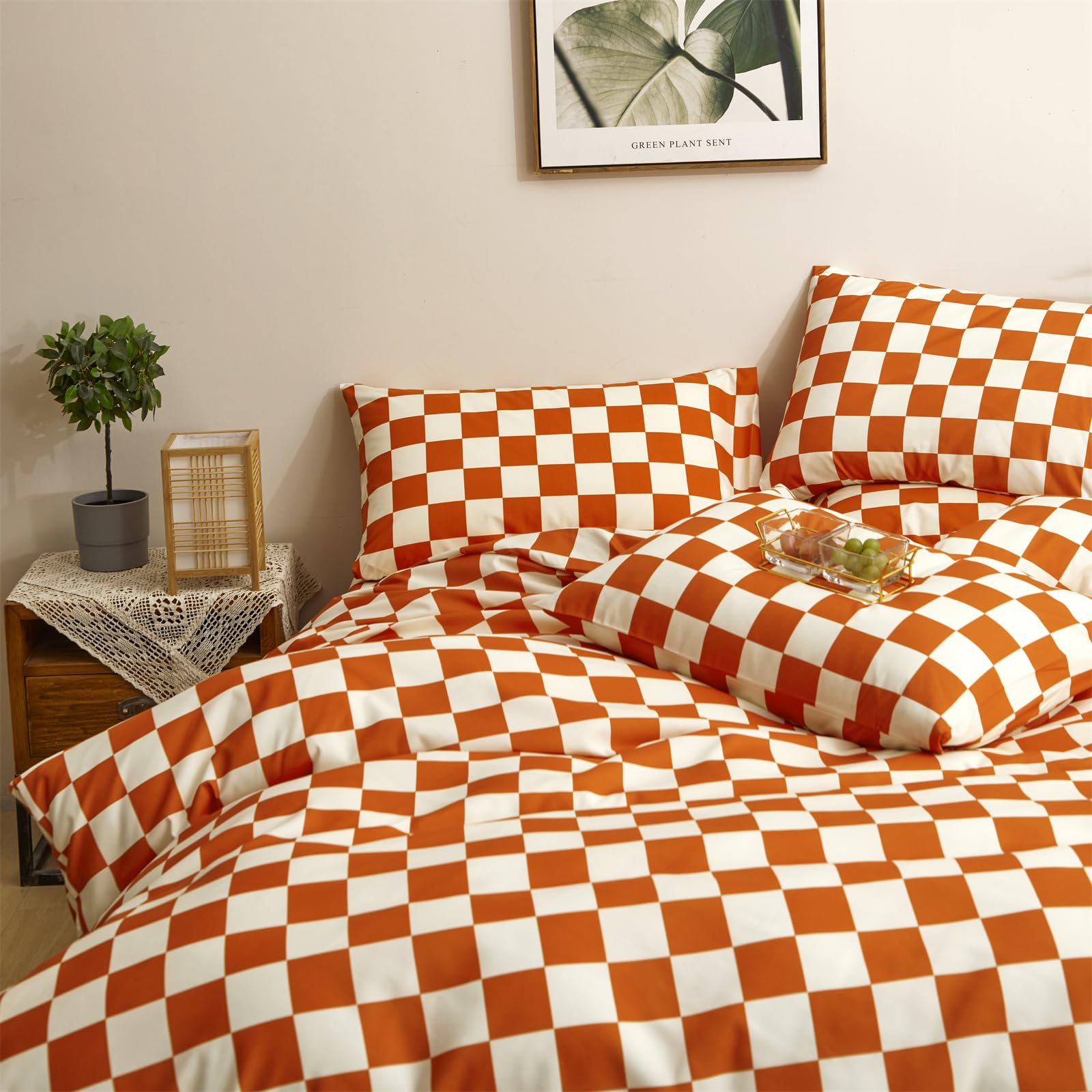 Clothknow Burnt Orange Gird Comforter Set King Rust Bedding Set Geometric Bedding Comforter Caramel Bedding Buffalo Check Comforter Soft Lightweight Bedding 3Pcs Plaid Comforter Sets