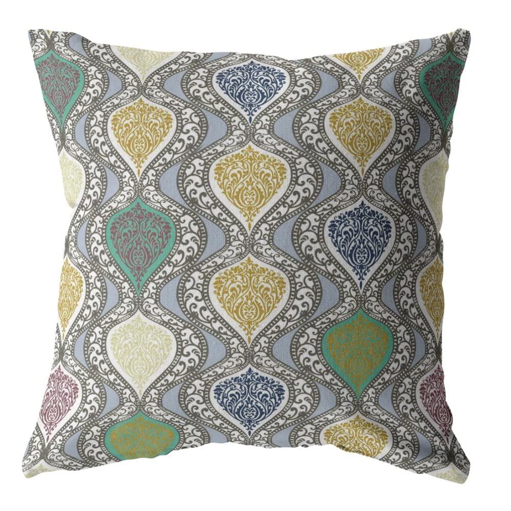 HomeRoots Gold and Green On Gray 20â€ Gray Gold Ogee Decorative Suede Throw Pillow