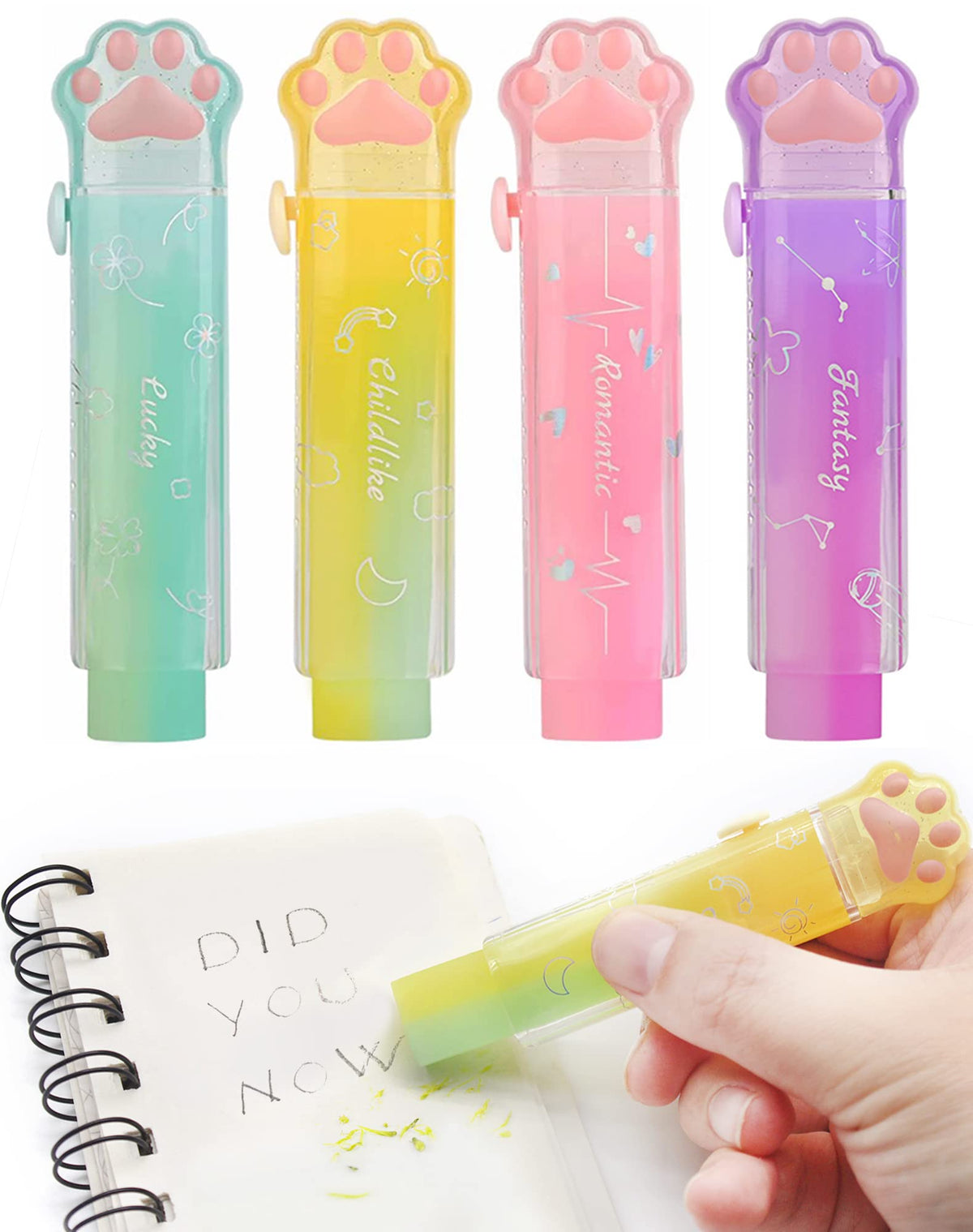 Benvo 4Pcs Sliding Retractable Pencil Erasers With Cat Paw Plastic Sleeve Cute Jelly Erasers For School Office Clean Erase Erase