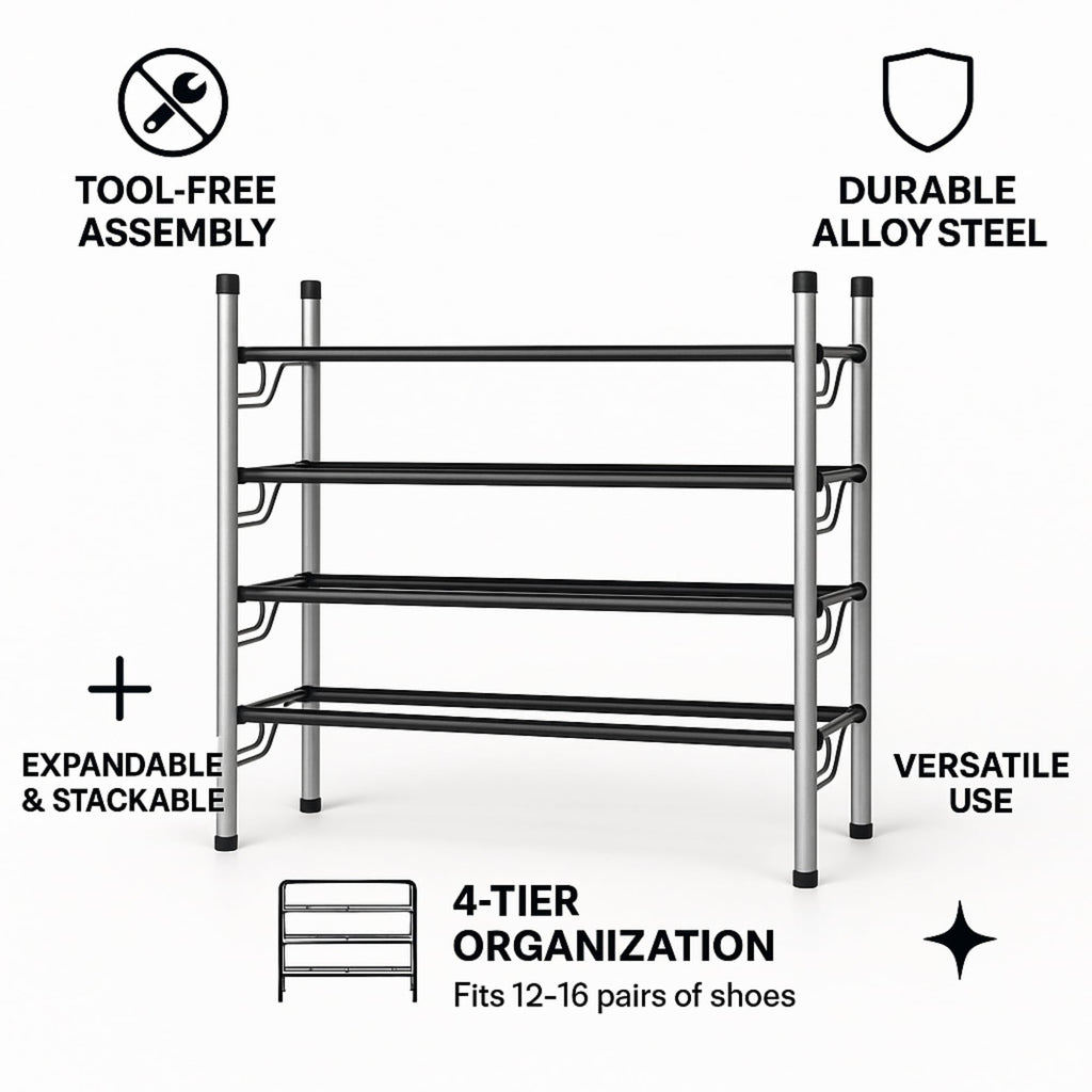 4-Tier Adjustable Shoe Rack, Slide-n-Adjust, Silver & Black Finish