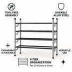 4-Tier Adjustable Shoe Rack, Slide-n-Adjust, Silver & Black Finish