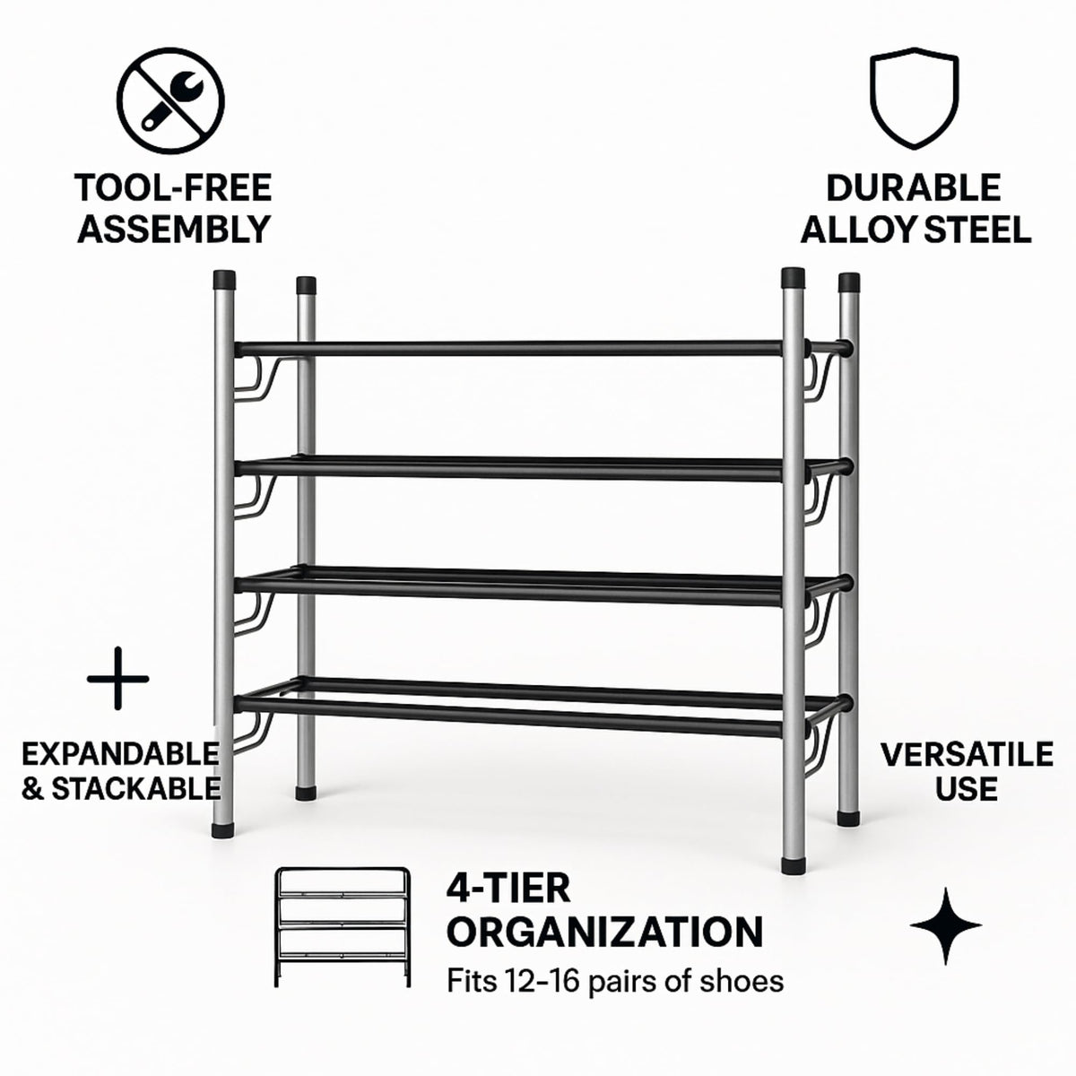 4-Tier Adjustable Shoe Rack, Slide-n-Adjust, Silver & Black Finish