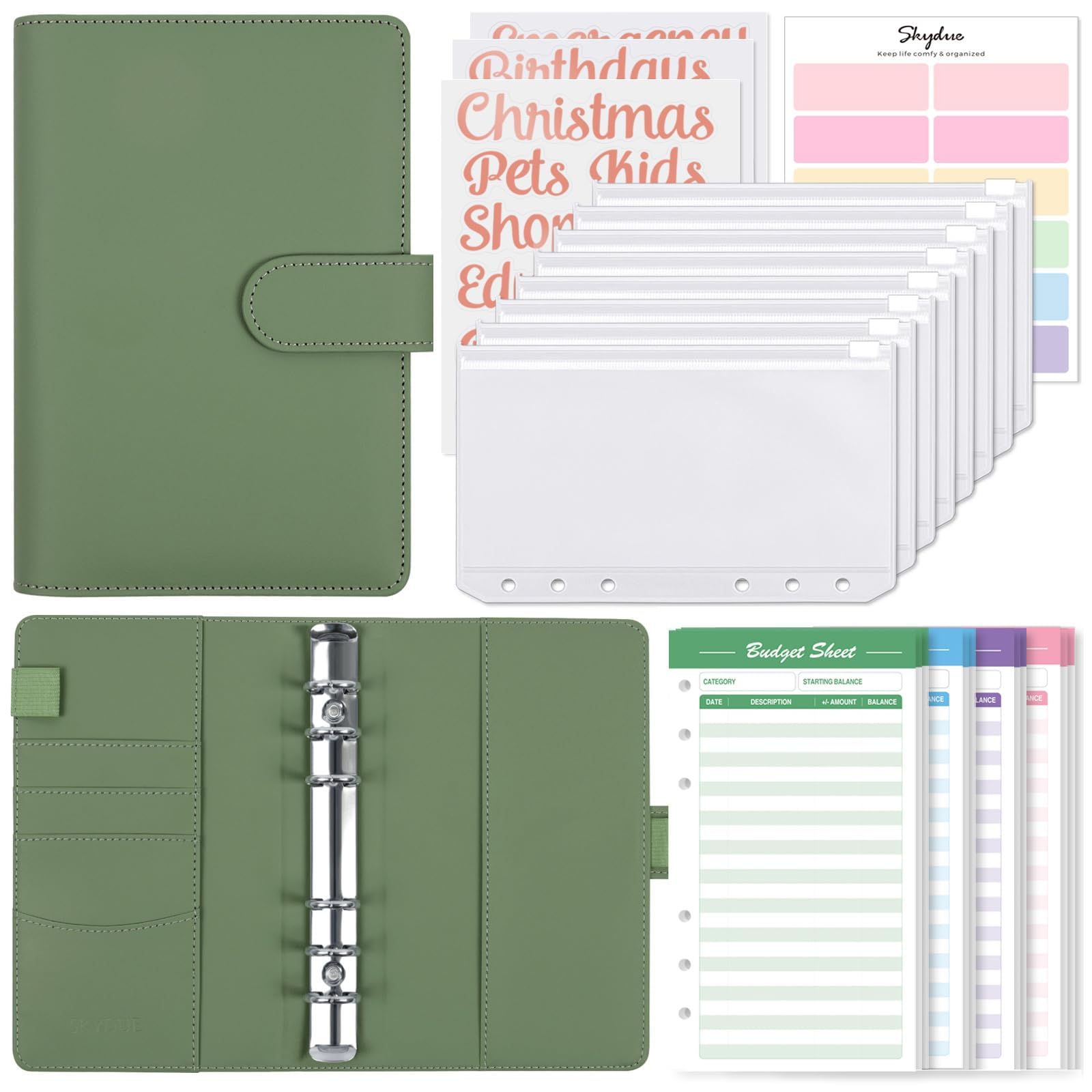 Skydue Budget Binder With 8Pcs Zipper Envelopes,Money Organizer For Cash With 12Pcs Expense Sheets & 24 Rose Gold Sticky Labels