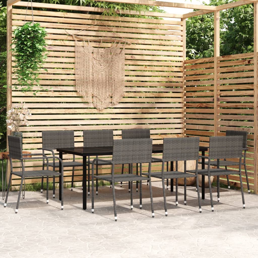 vidaXL 9-Piece Patio Dining Set - Garden/Outdoor Rectangular Table with Glass Top & 8 PE Rattan Stackable Chairs in Gray