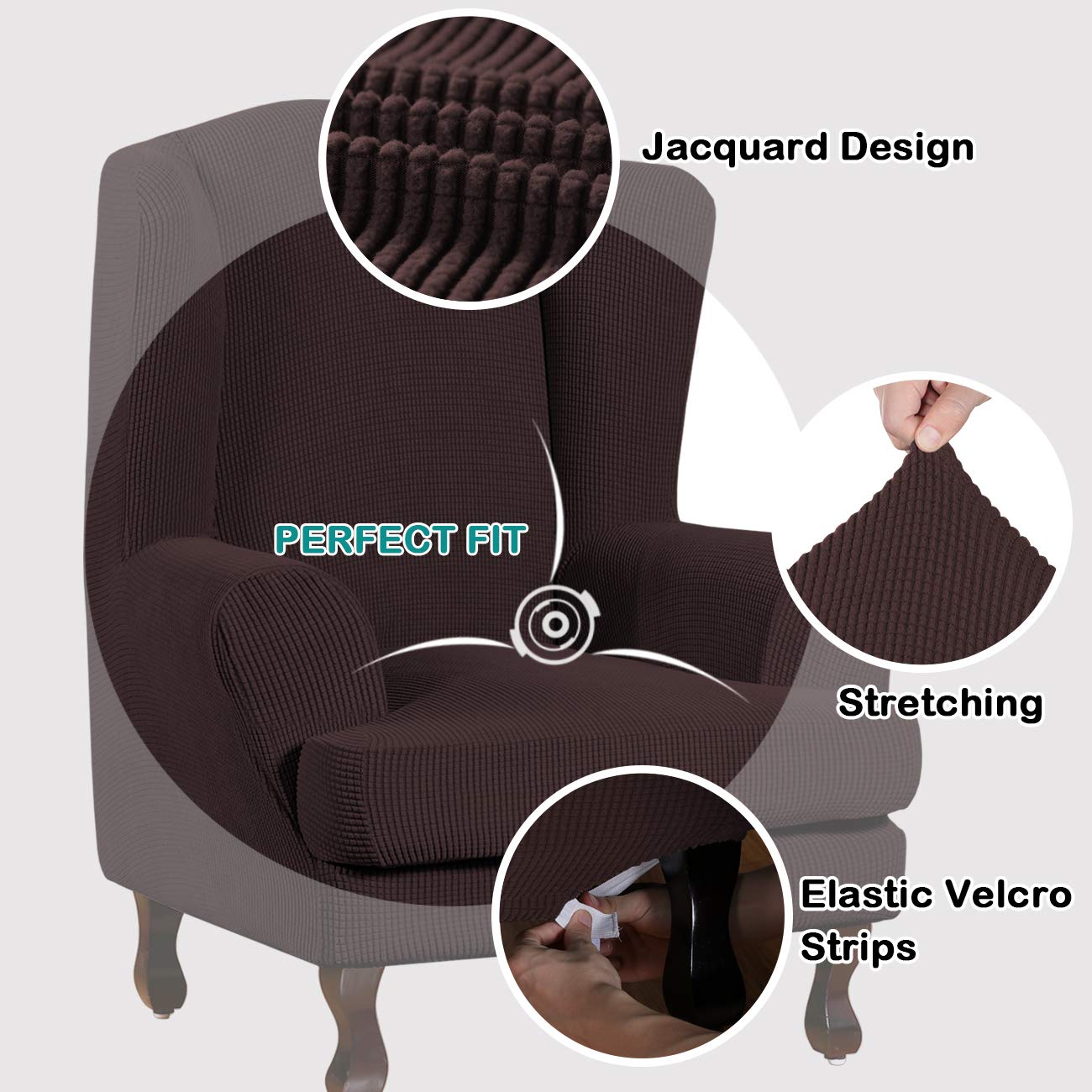 Turquoize Wingback?hair?overs 2 Piece?ing?hair?lipcover Stretch Slipcovers For Wingback Chairs Wing Chair Cover Spandex Jacquard Fabric With Elastic Bottom Non-Slip Furniture Cover, Brown