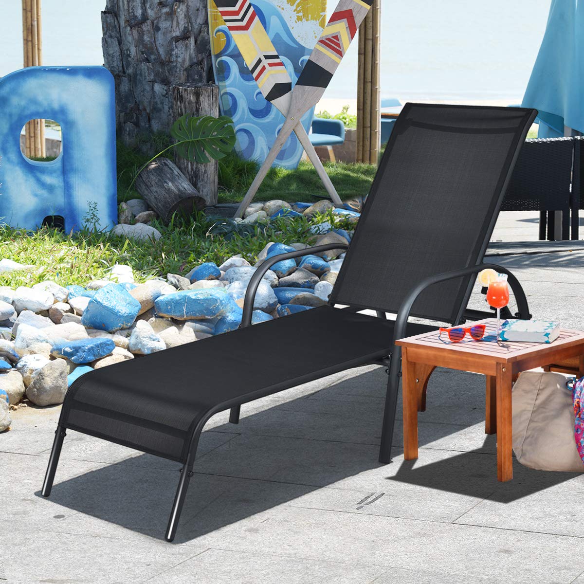 Giantex Adjustable Patio Chaise Lounge, Outdoor Folding Lounge Recliner Chairs W/Adjustable Backrest, Sturdy Metal Frame, Sunbathing Chair For Beach, Yard, Balcony, Poolside (Black)