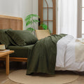 BESTOUCH Sheet Set 100% Washed Cotton Linen Feel Super Soft Comfortable Chic Lightweight 4 Pcs Home Bedding Set Solid Olive Gree