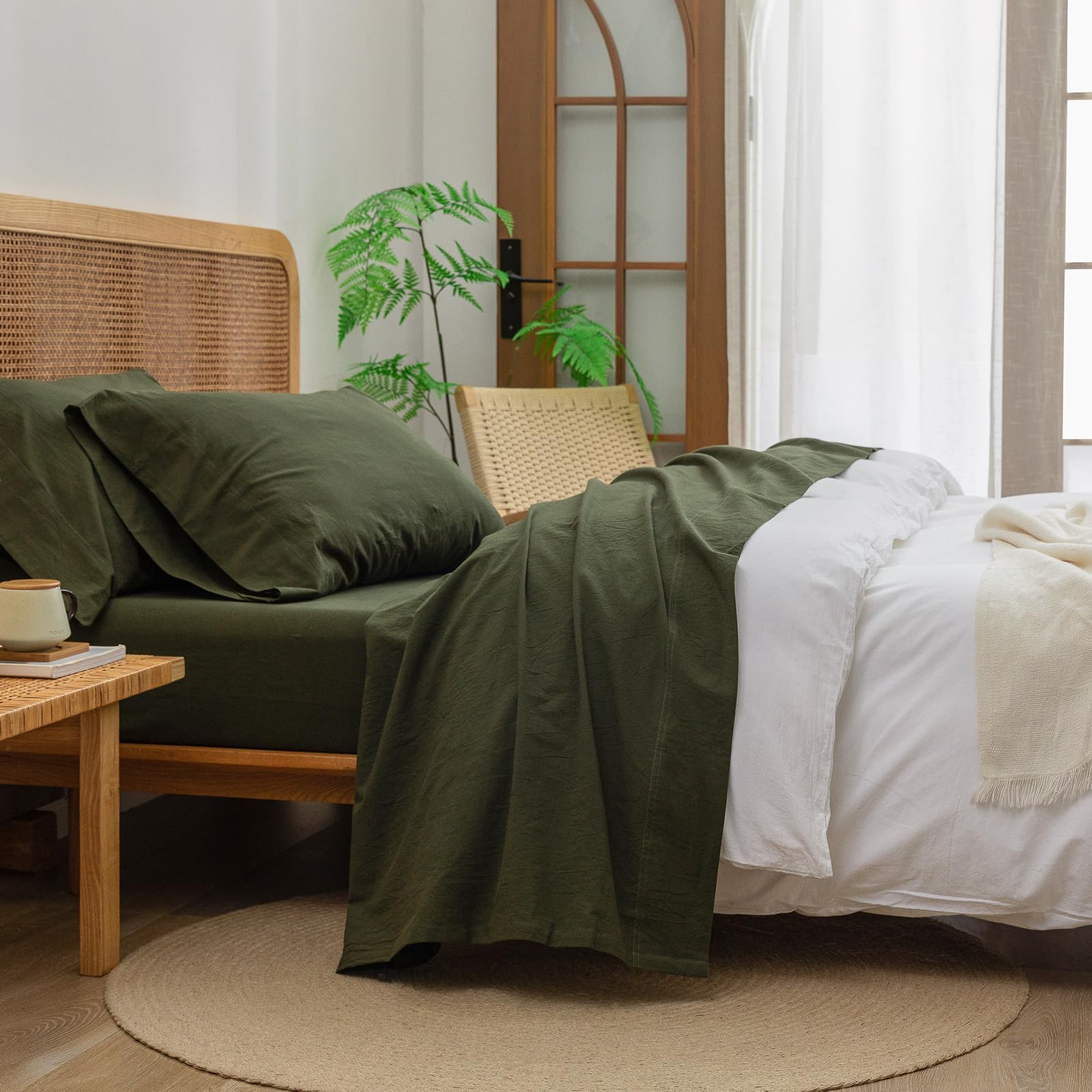 BESTOUCH Sheet Set 100% Washed Cotton Linen Feel Super Soft Comfortable Chic Lightweight 4 Pcs Home Bedding Set Solid Olive Gree