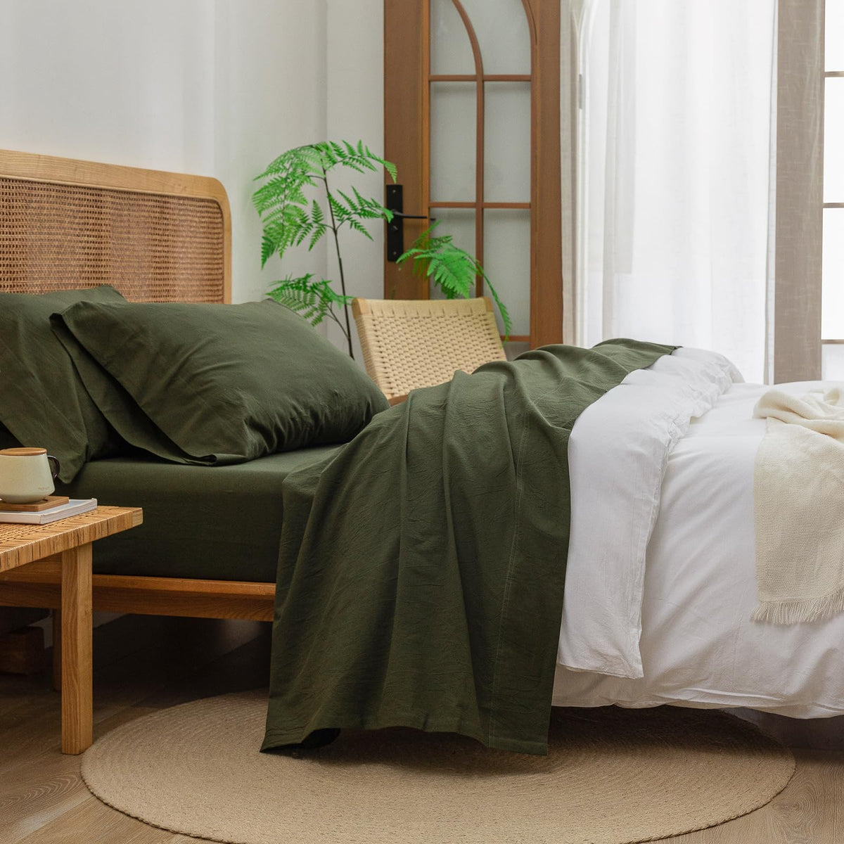 BESTOUCH Sheet Set 100% Washed Cotton Linen Feel Super Soft Comfortable Chic Lightweight 3 Pcs Home Bedding Set Solid Olive Gree