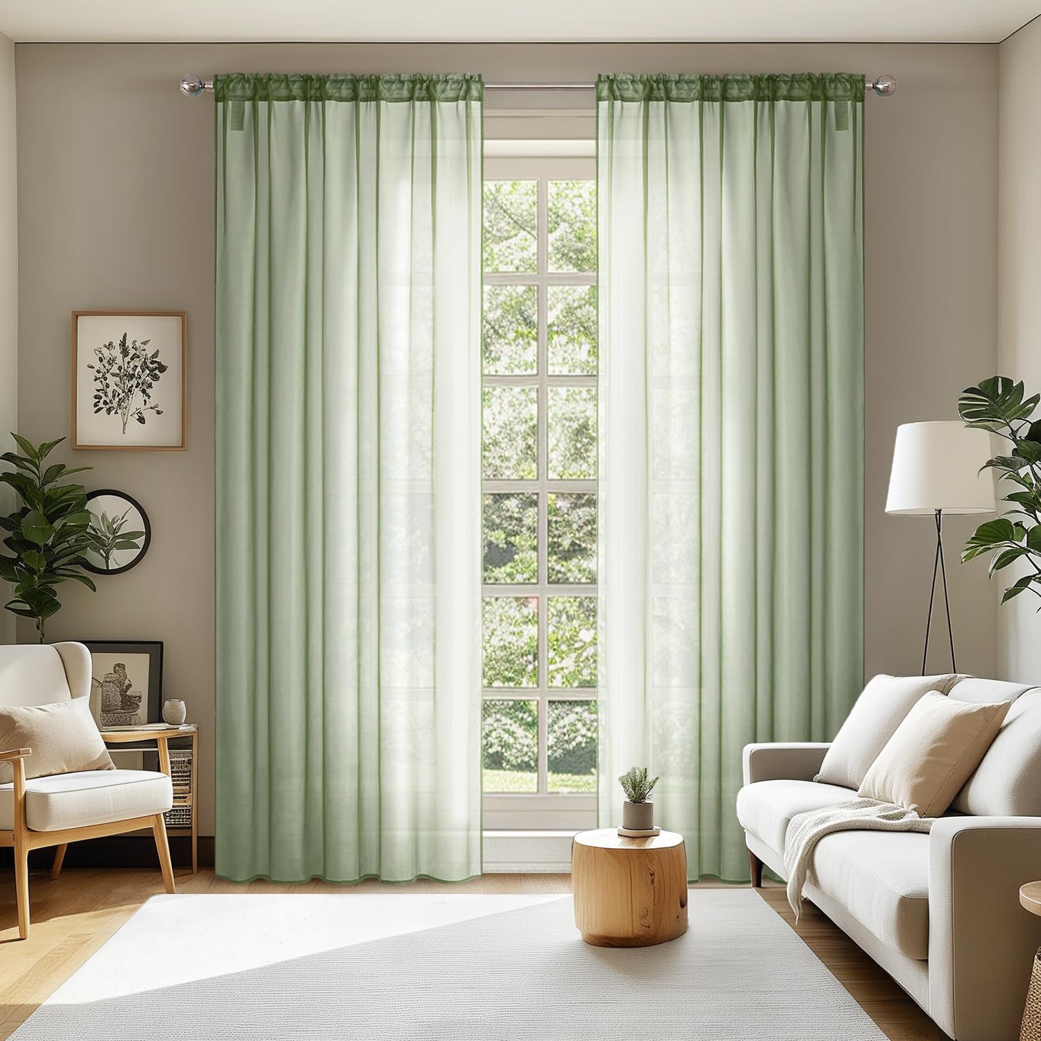 MIULEE 2 Panels Sage Green Sheer Curtains 96 inches Long Window Curtains Rod Pocket Elegant Window Voile Panels/Drapes/Treatment