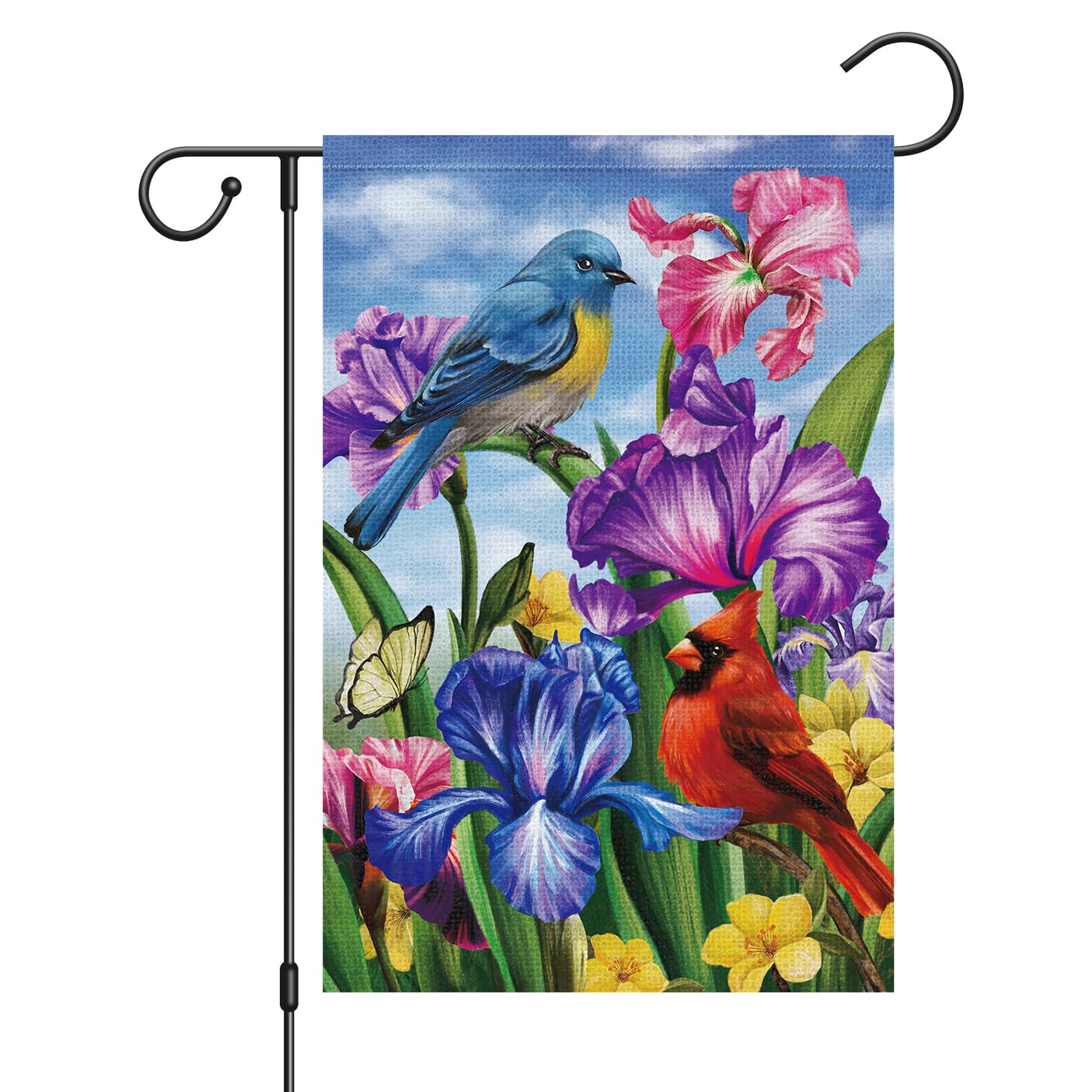 Louise Maelys Welcome Spring Summer Garden Flag 12X18 Double Sided Vertical, Burlap Small Cardinal Birds Irises Floral Garden Ya