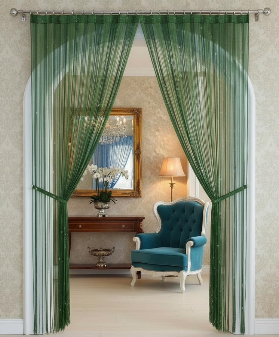 Pomp & Romp String Curtain Panel, Green Ombre with Beads, Contemporary Style Room Divider, 213 x 122 cm, Light Filtering Door Cu